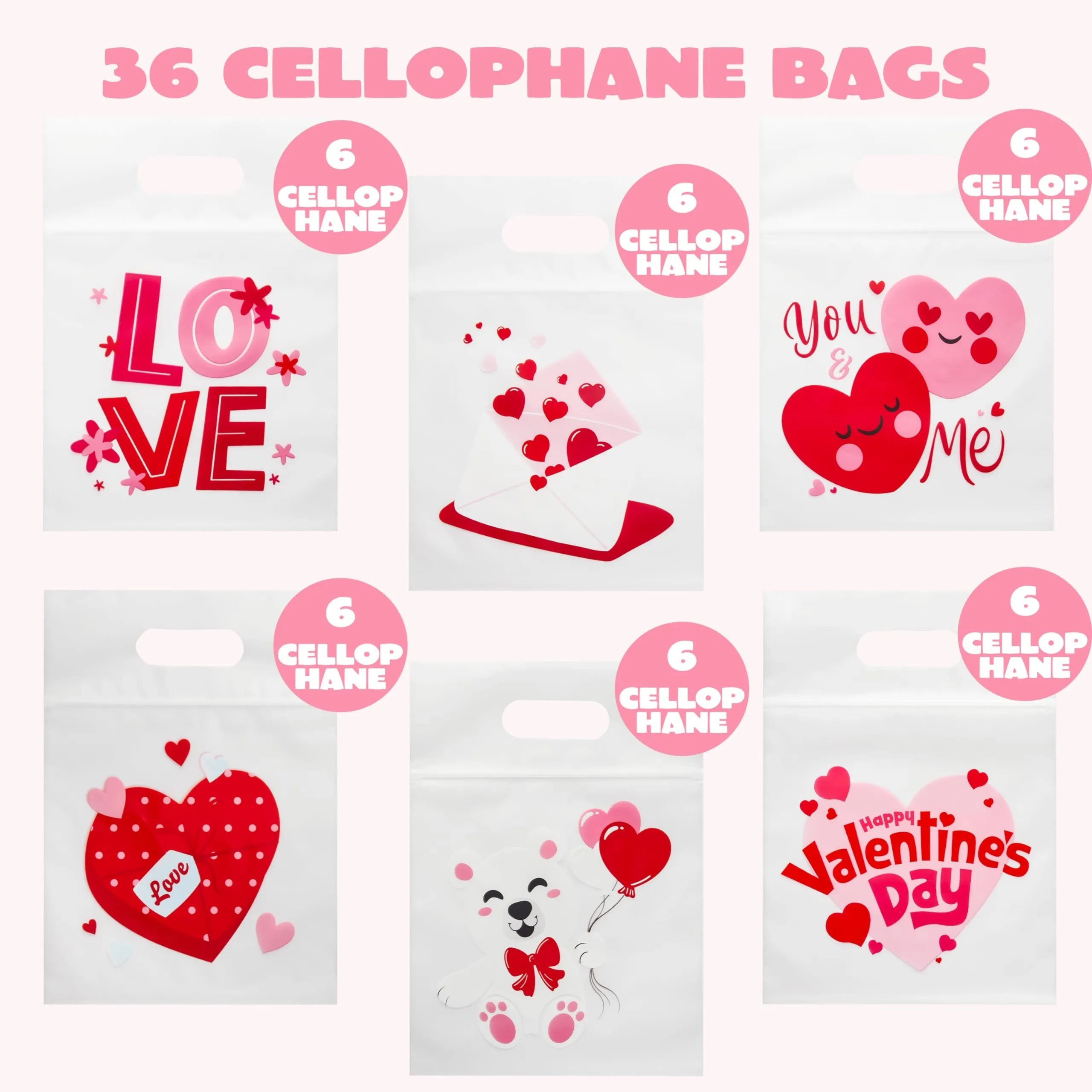 36 Valentine's Day Cellophane Gift Bags, Candy Treat Bags with 6 Designs for Kids Party Favors