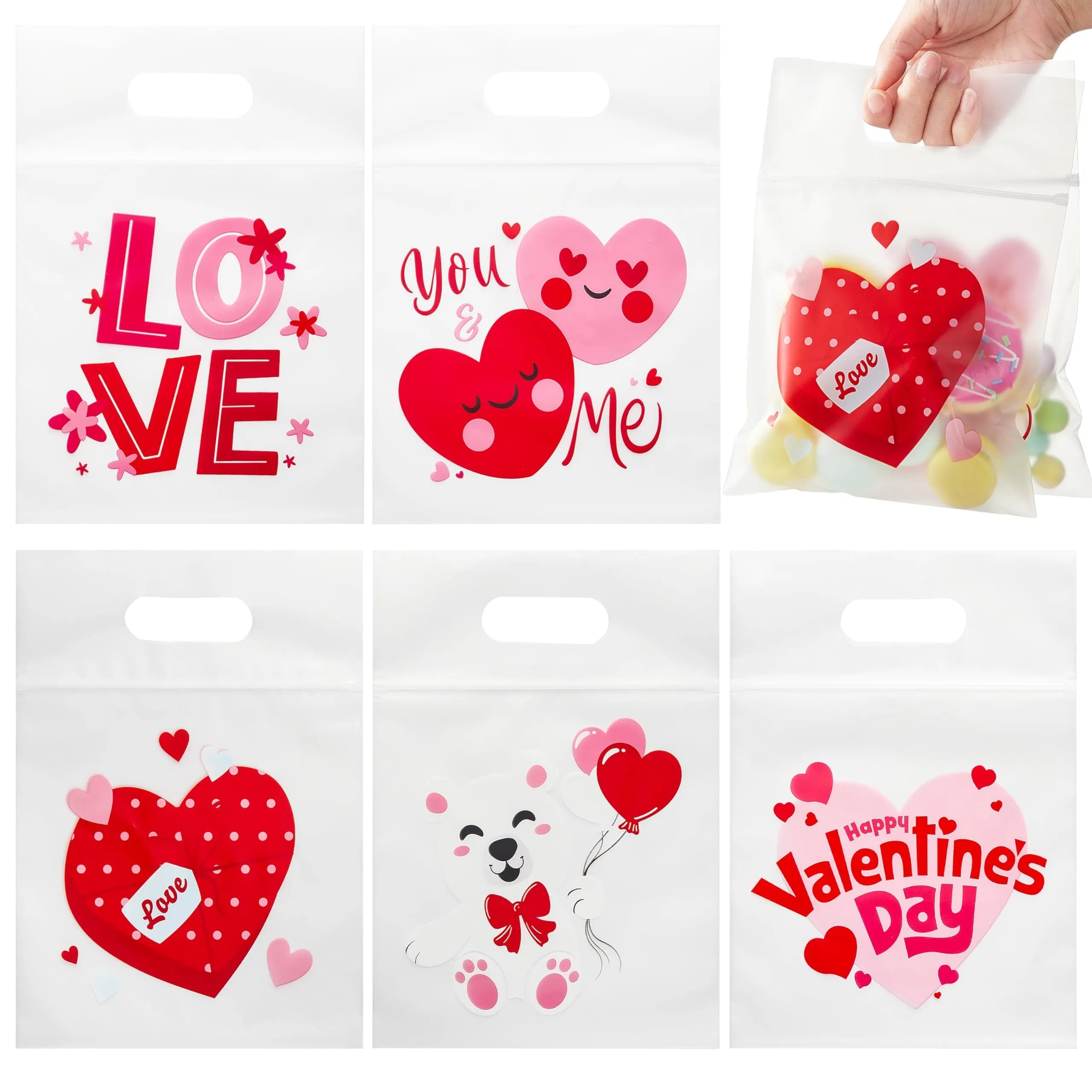 36 Valentine's Day Cellophane Gift Bags, Candy Treat Bags with 6 Designs for Kids Party Favors