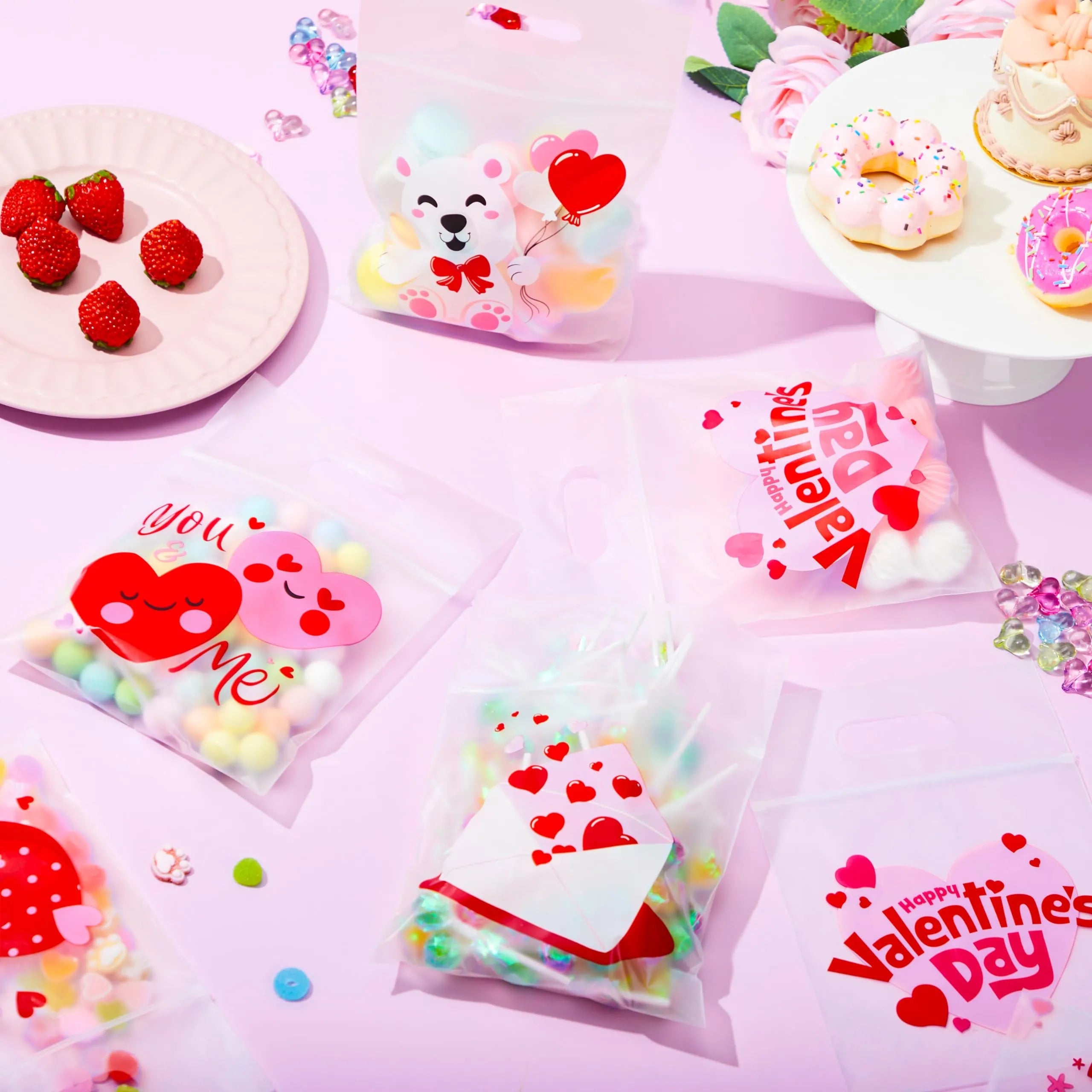 36 Valentine's Day Cellophane Gift Bags, Candy Treat Bags with 6 Designs for Kids Party Favors
