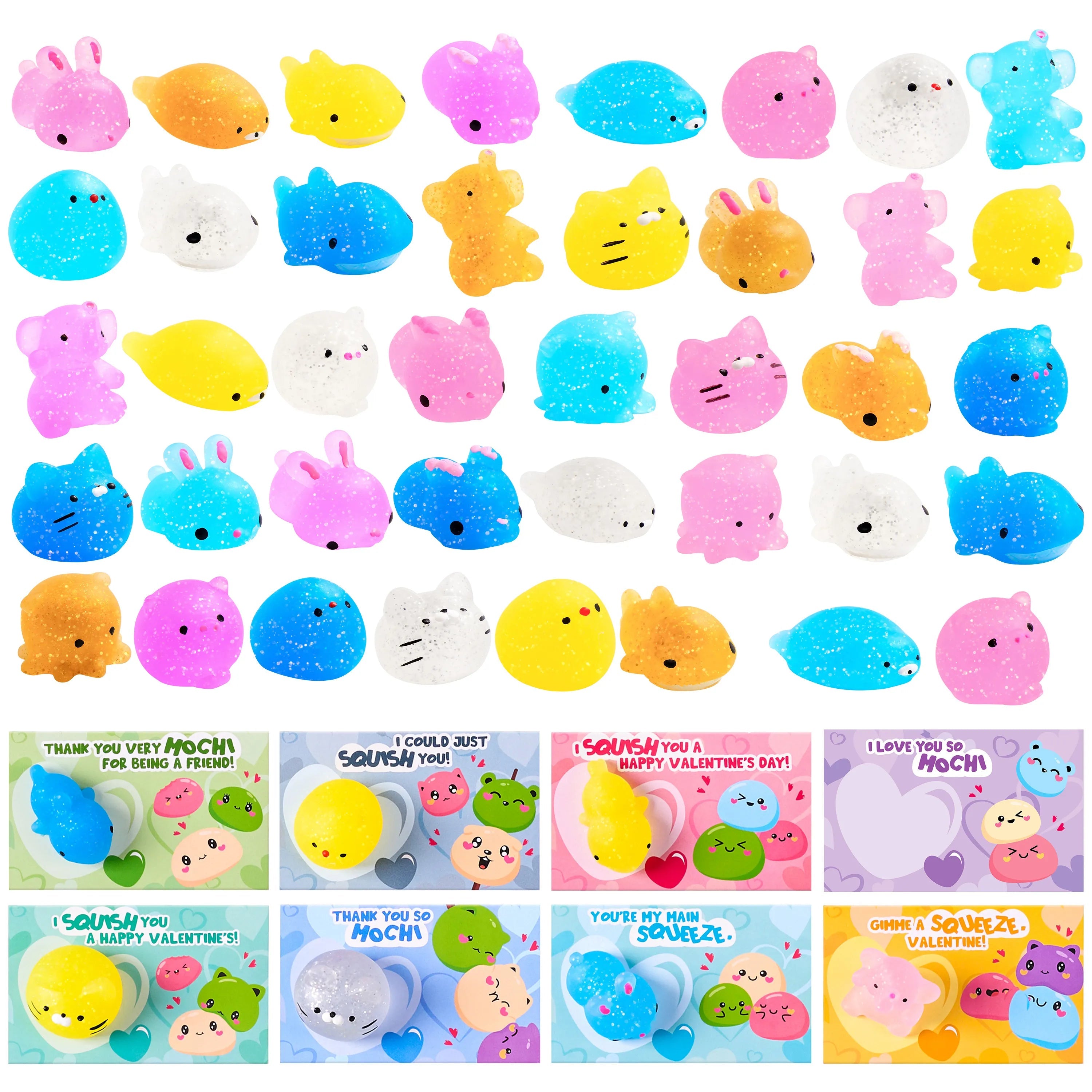 36-Pack Valentine's Day Gift Cards with Glitter Mochi Squishy Toys