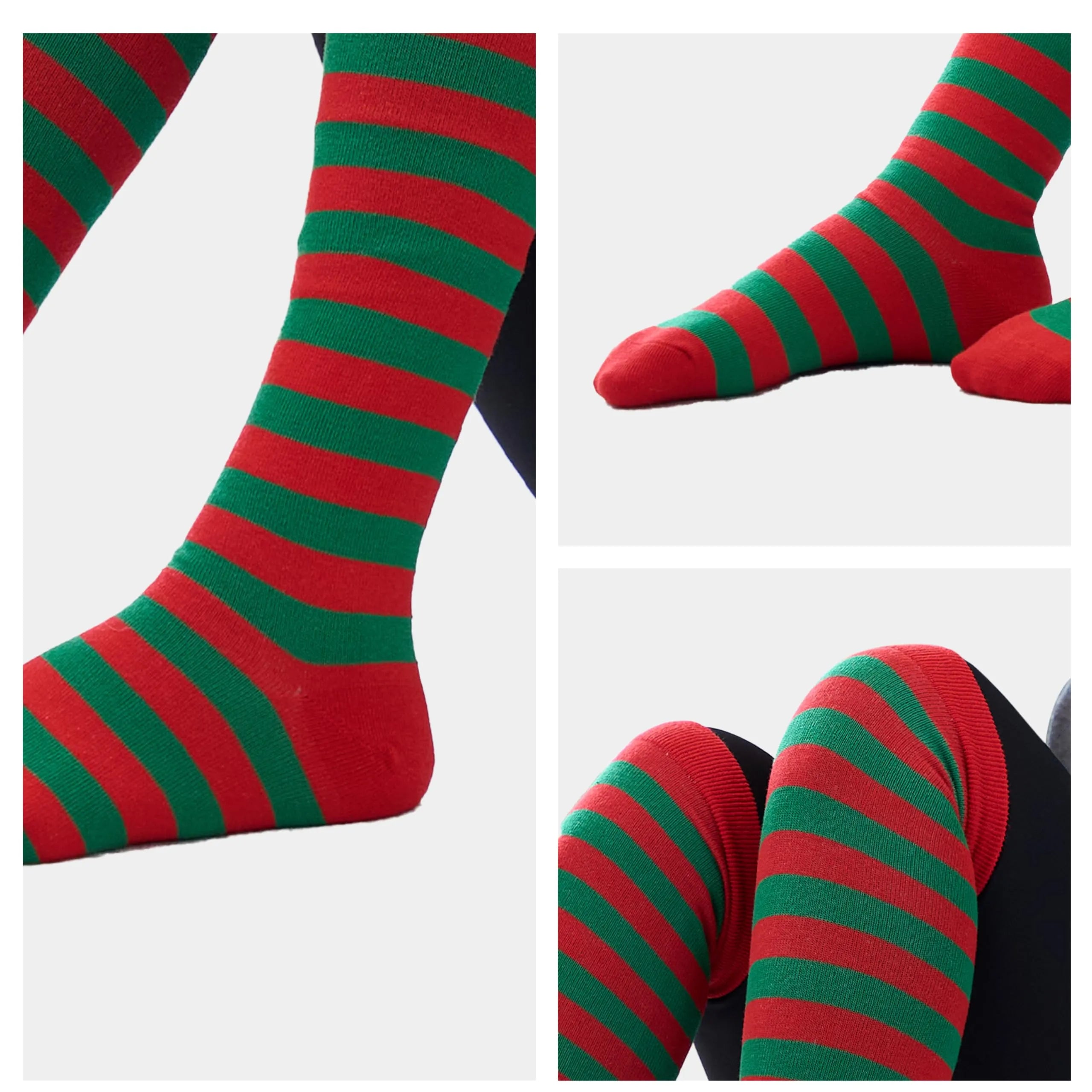 3 Pairs Women's Striped Long Socks - Christmas Over Knee Elf Socks