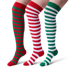3 Pairs Women's Striped Long Socks - Christmas Over Knee Elf Socks