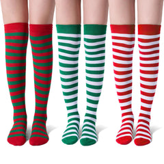 3 Pairs Women's Striped Long Socks - Christmas Over Knee Elf Socks