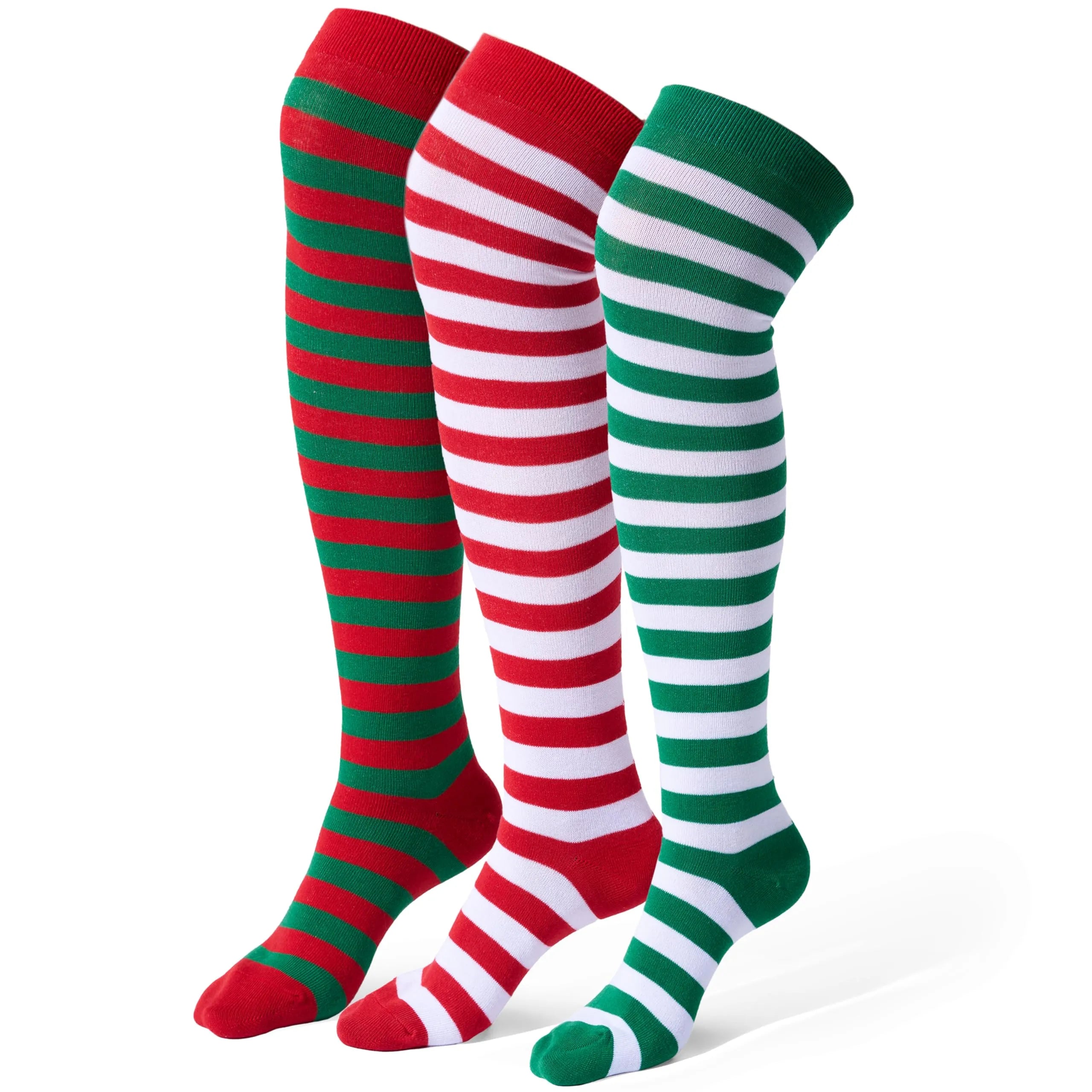 3 Pairs Women's Striped Long Socks - Christmas Over Knee Elf Socks