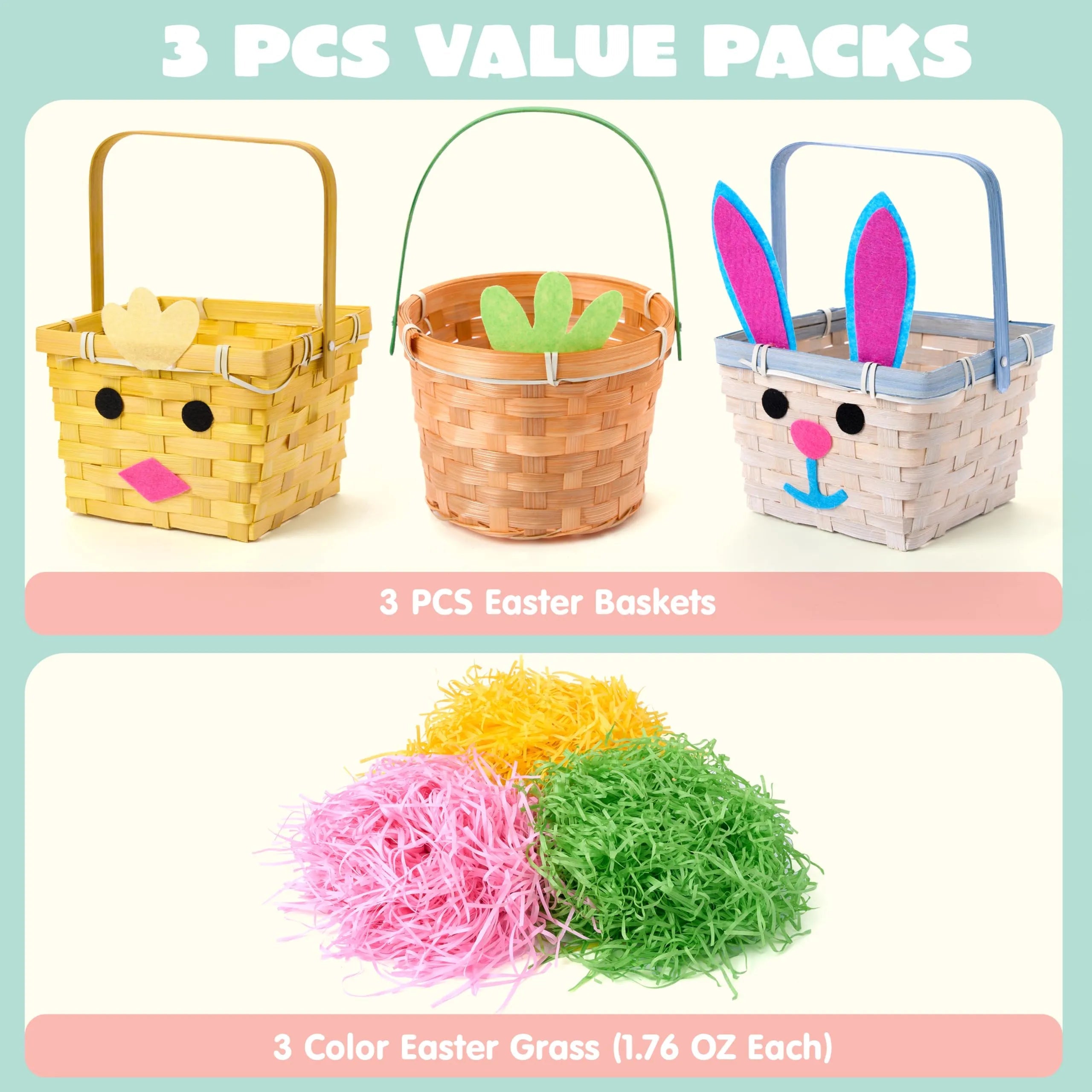 3-Piece Easter Bamboo Baskets with Bunny, Chick & Carrot Designs for Baby's First Easter