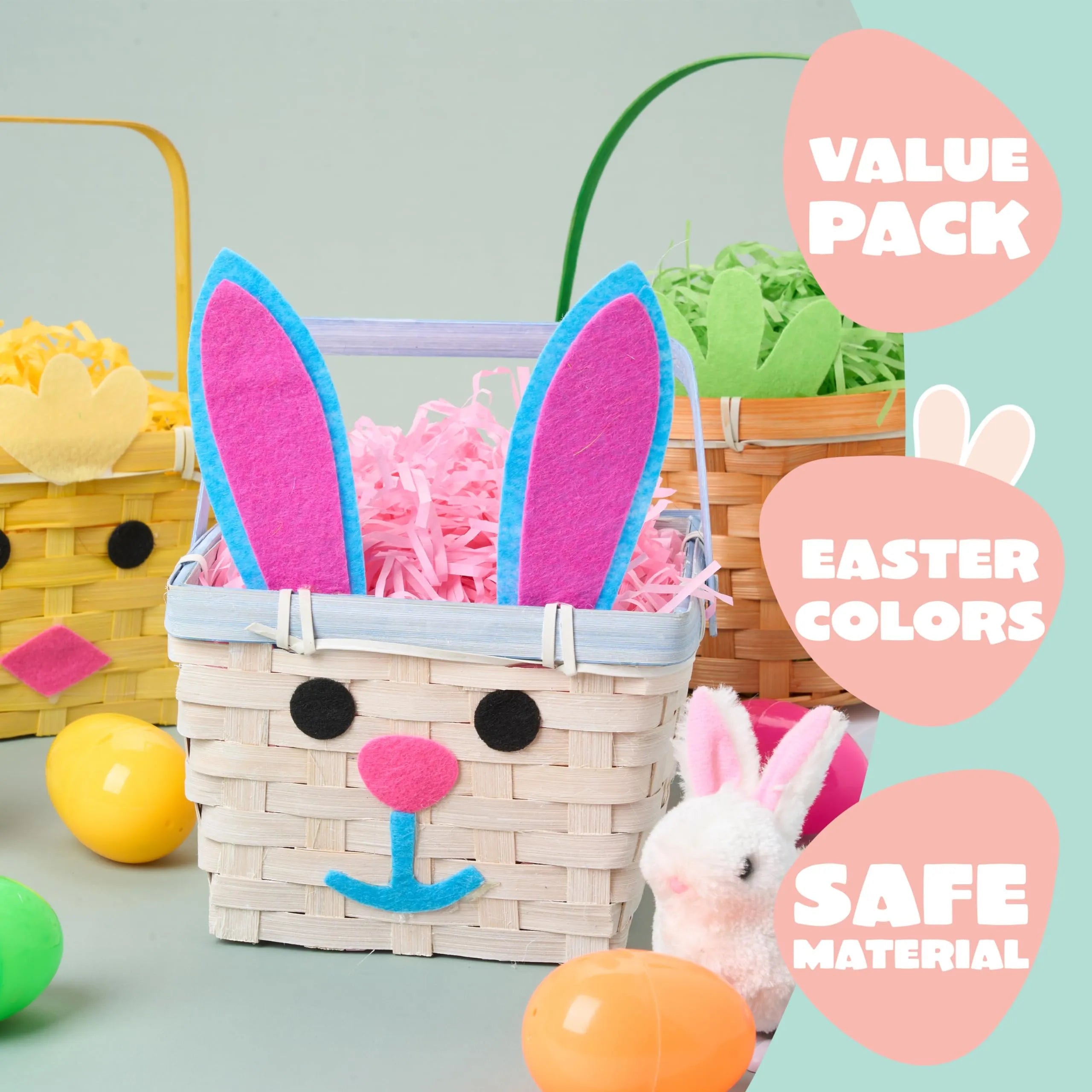 3-Piece Easter Bamboo Baskets with Bunny, Chick & Carrot Designs for Baby's First Easter