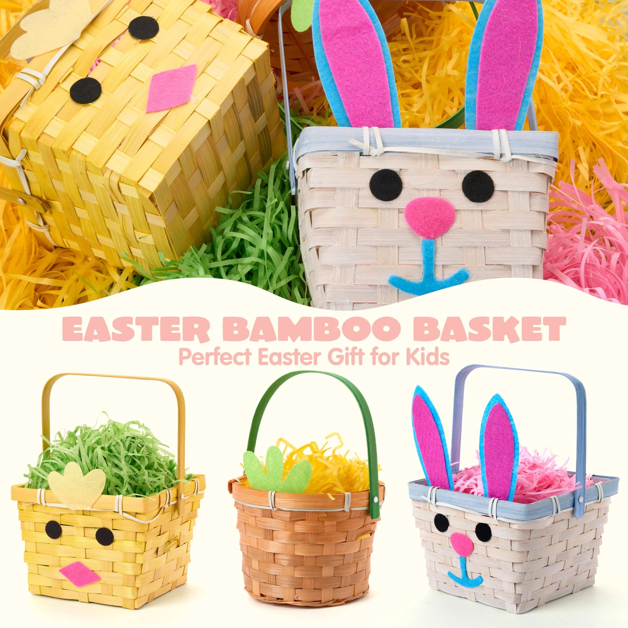 3-Piece Easter Bamboo Baskets with Bunny, Chick & Carrot Designs for Baby's First Easter