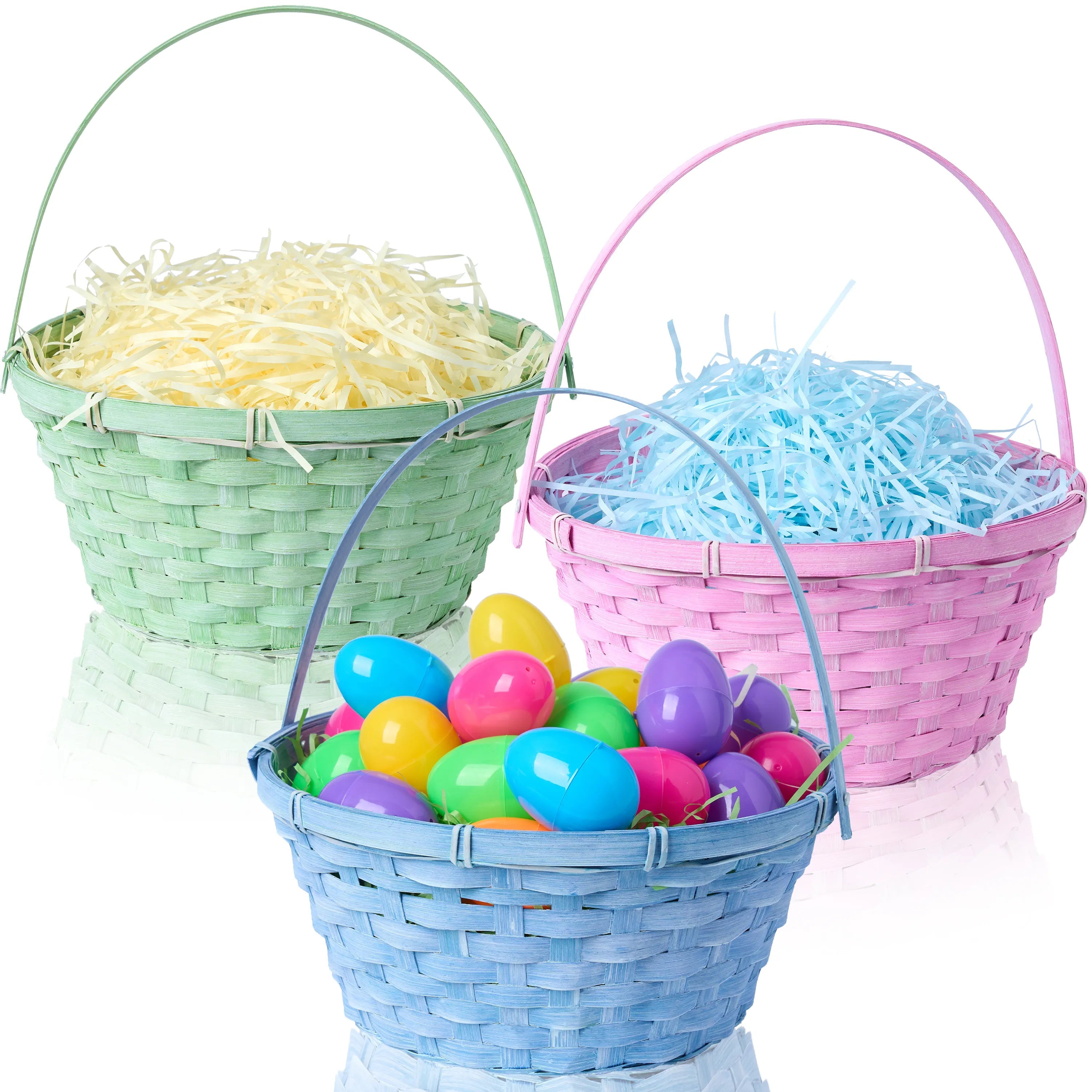 Set of 3 Easter Bamboo Baskets with Folding Handles for Egg Hunt