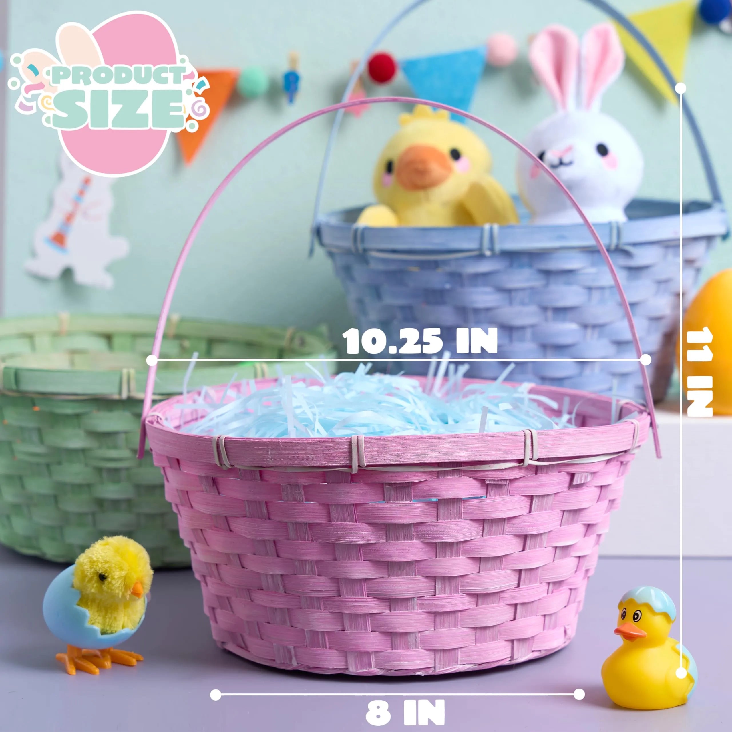 Set of 3 Easter Bamboo Baskets with Folding Handles for Egg Hunt