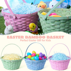 Set of 3 Easter Bamboo Baskets with Folding Handles for Egg Hunt