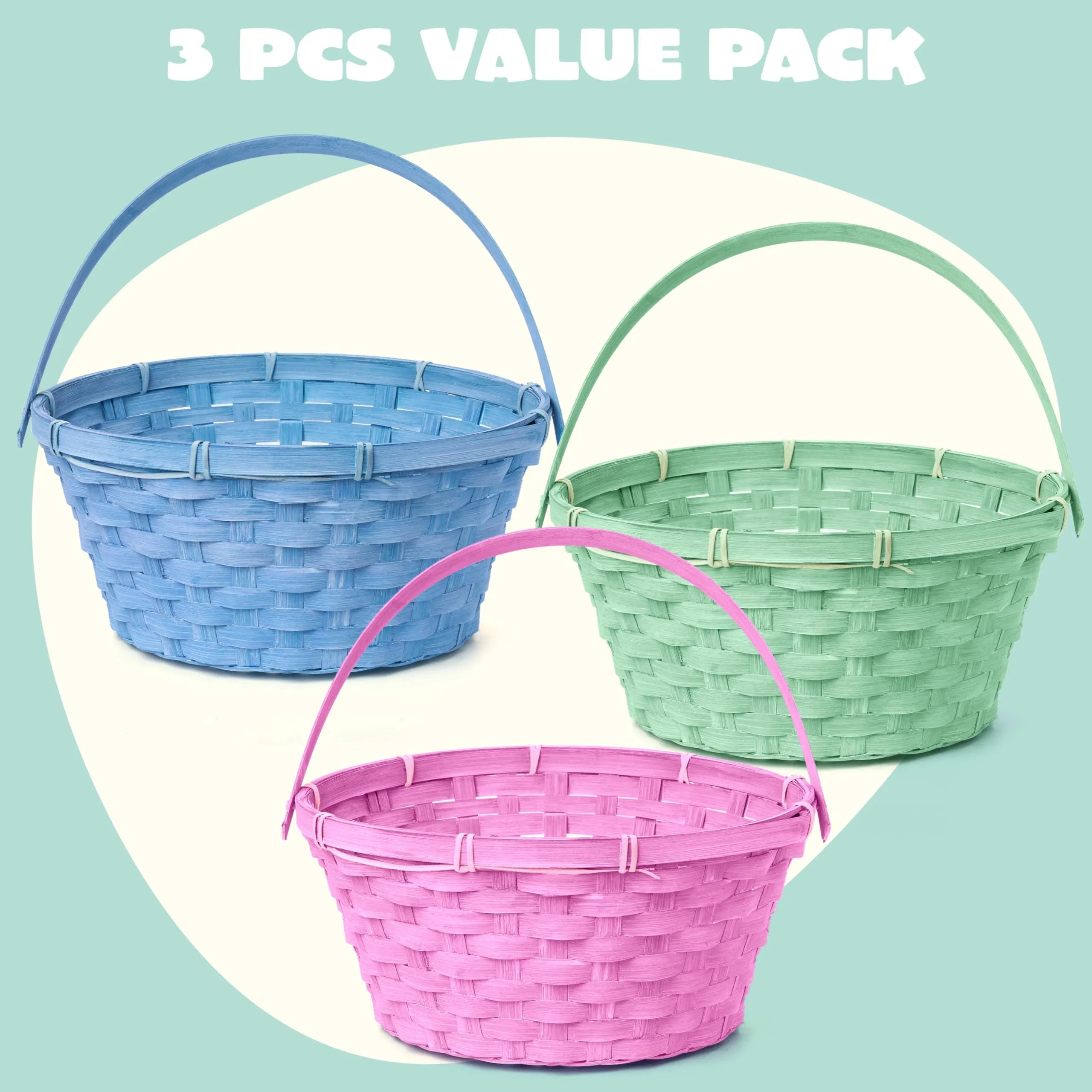 Set of 3 Easter Bamboo Baskets with Folding Handles for Egg Hunt
