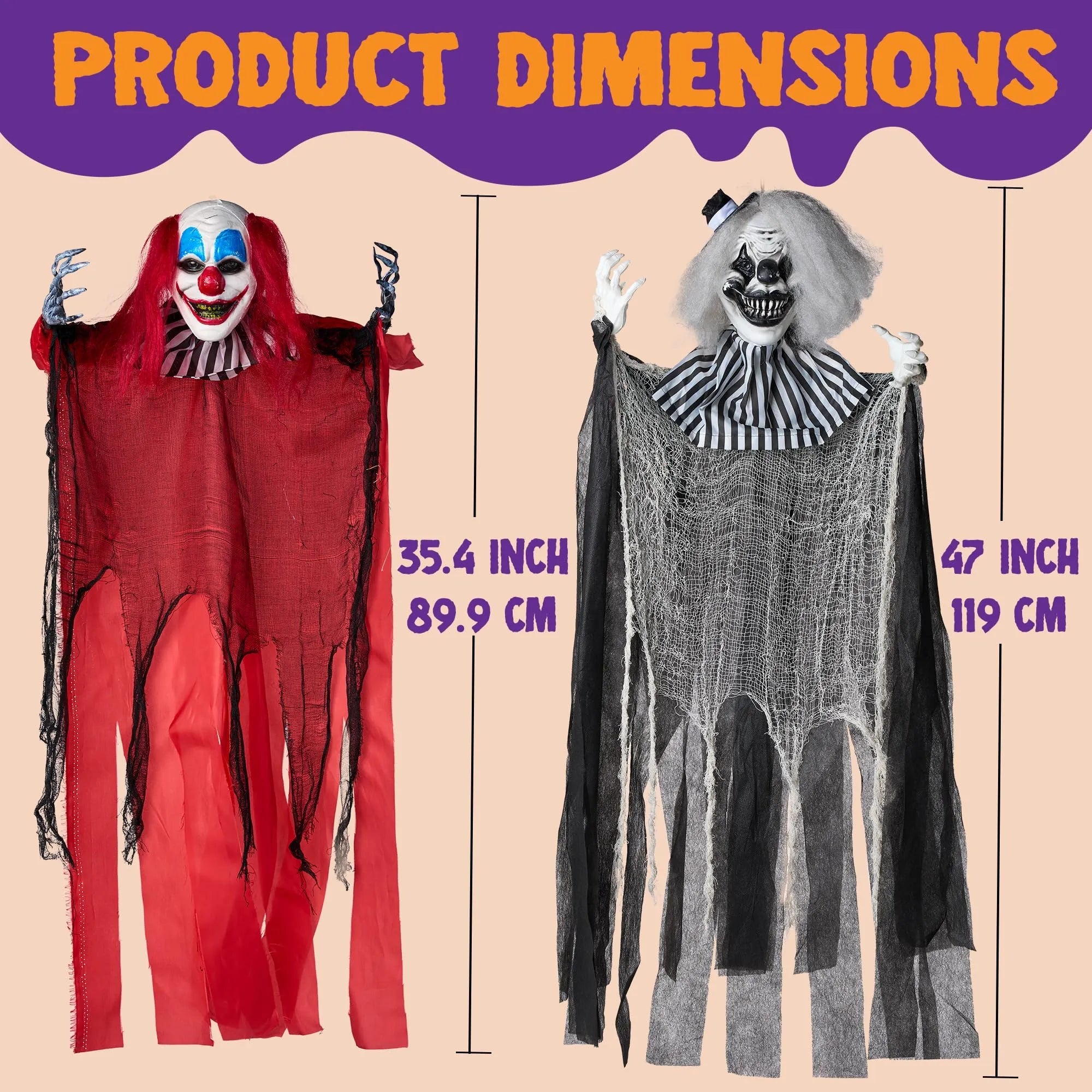 3 Pcs Halloween Hanging Clowns Decorations, one 47in, Two 35.4in Scary Hanging Clowns in Varies Colors