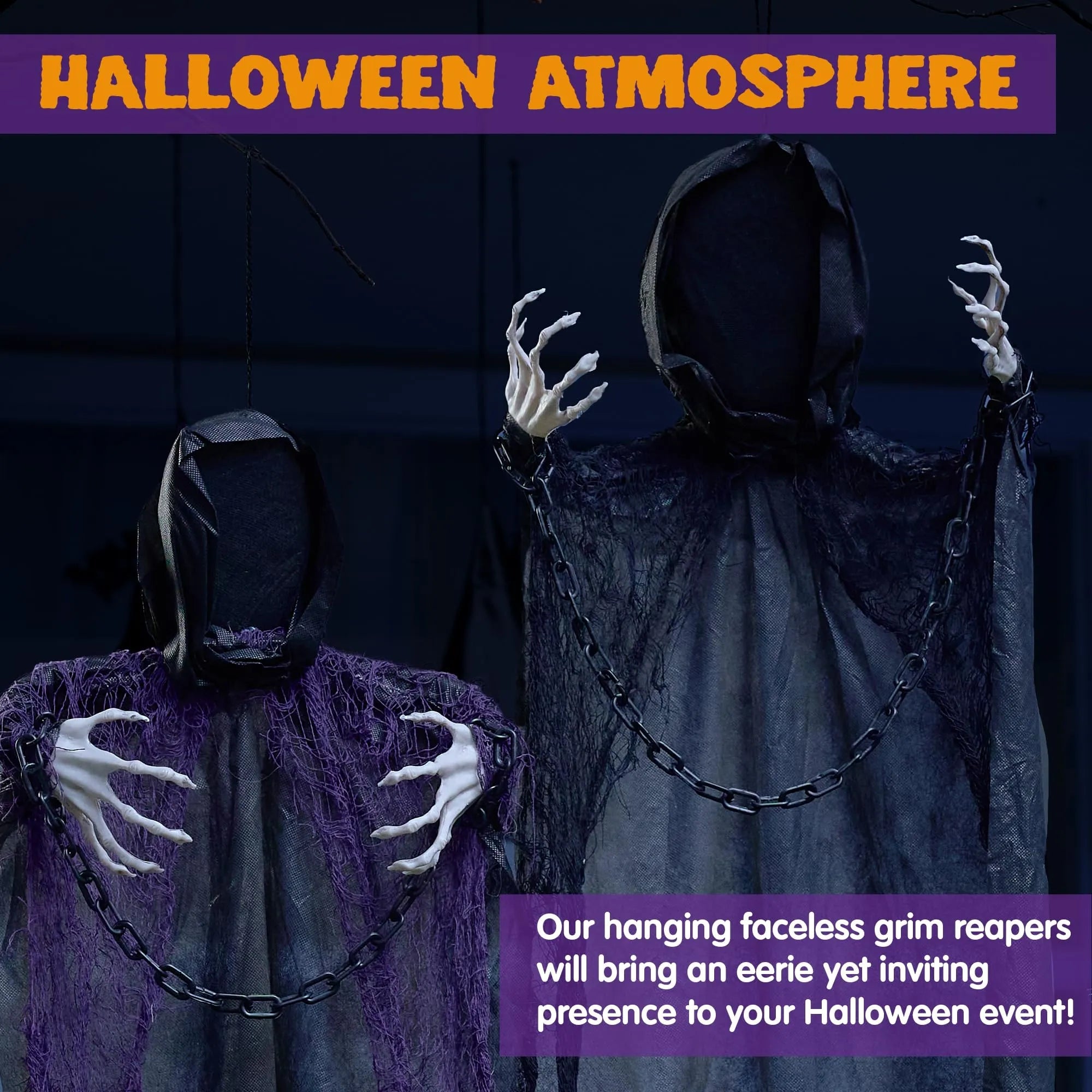3 Pcs Halloween Hanging Grim Reapers Decorations - One 47in & Two 35in Faceless Hanging Ghosts