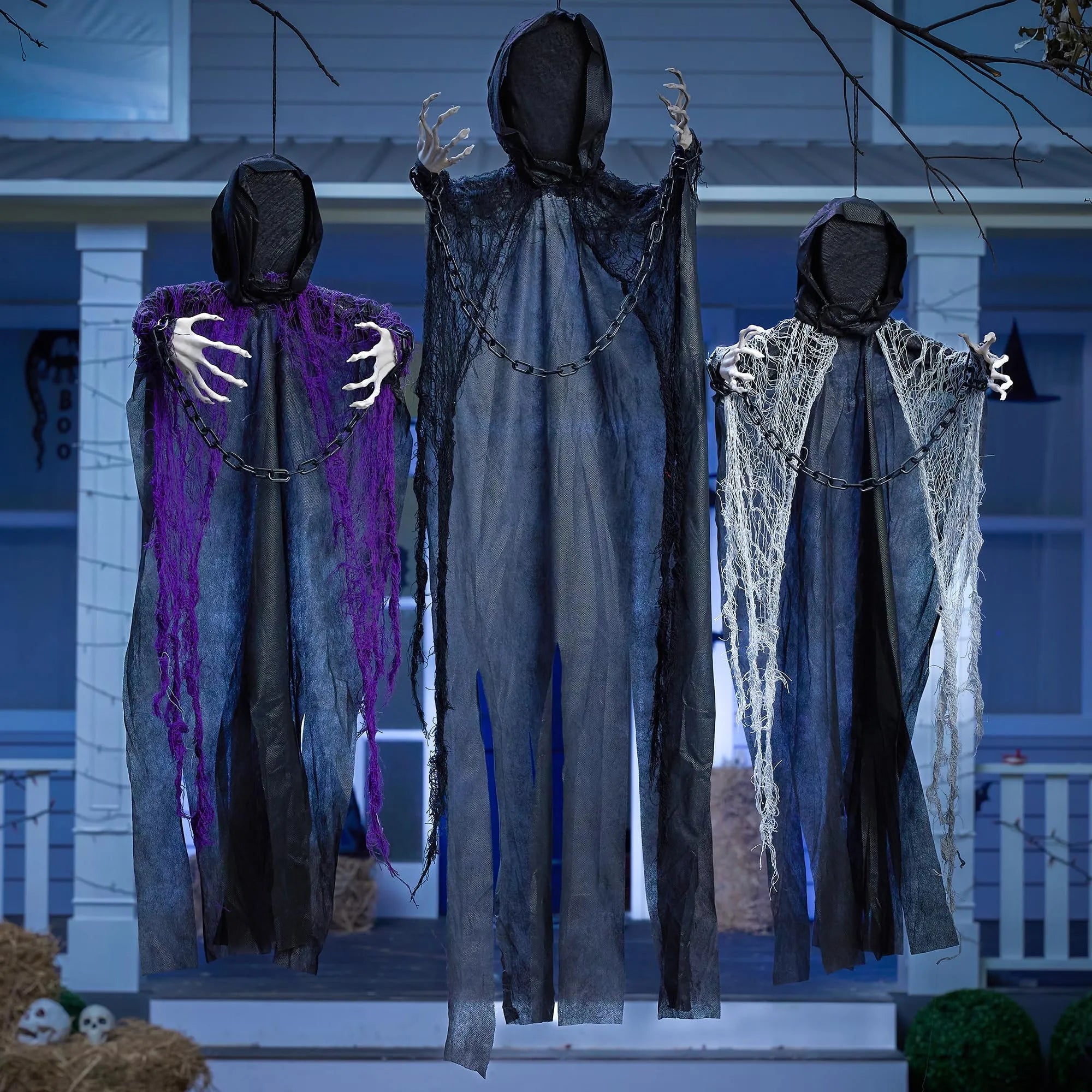 3 Pcs Halloween Hanging Grim Reapers Decorations - One 47in & Two 35in Faceless Hanging Ghosts