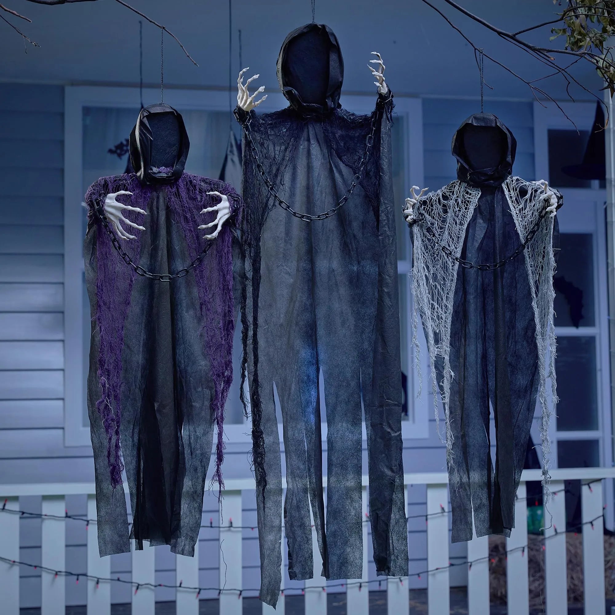 3 Pcs Halloween Hanging Grim Reapers Decorations - One 47in & Two 35in Faceless Hanging Ghosts