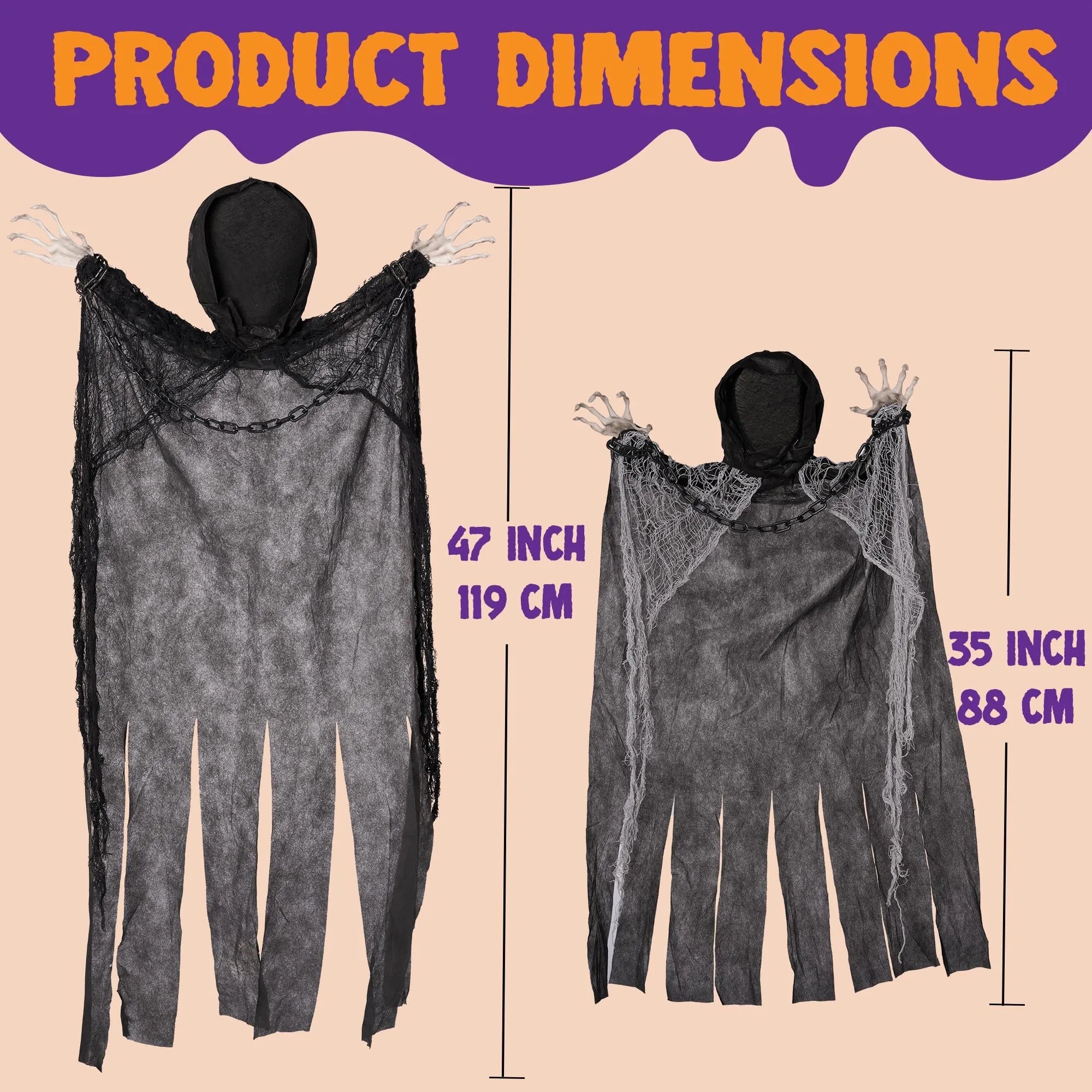 3 Pcs Halloween Hanging Grim Reapers Decorations - One 47in & Two 35in Faceless Hanging Ghosts