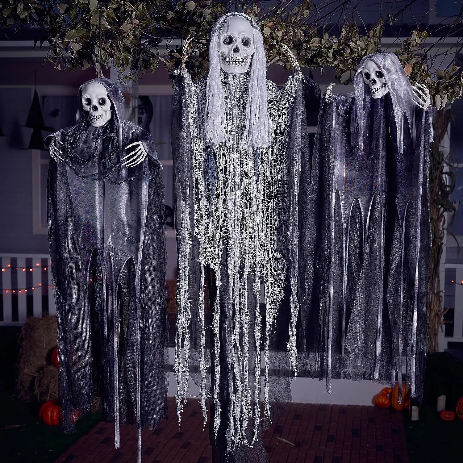 3-Pack Halloween Hanging Grim Reapers: 55in & Two 35in Skeleton Flying Ghosts