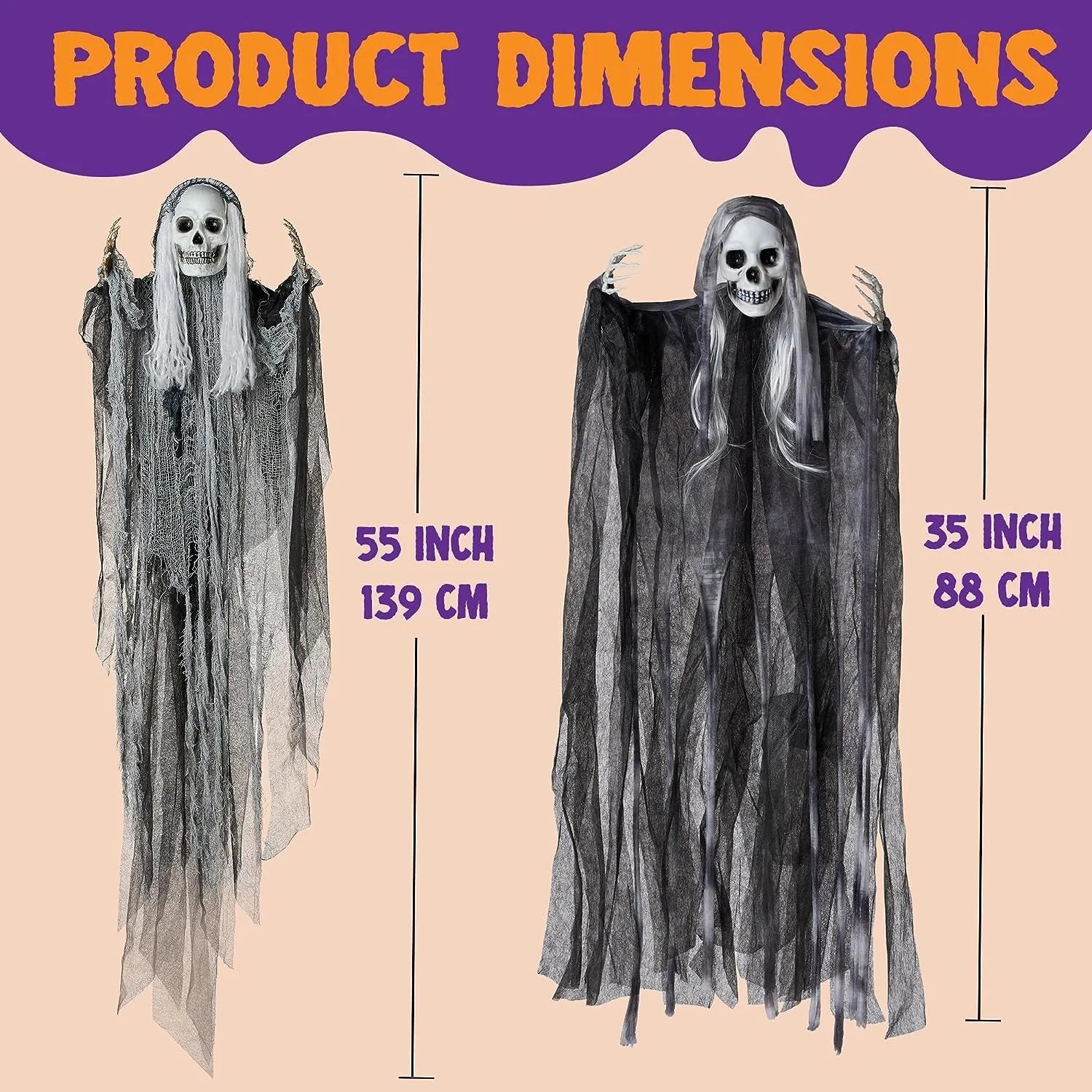 3-Pack Halloween Hanging Grim Reapers: 55in & Two 35in Skeleton Flying Ghosts