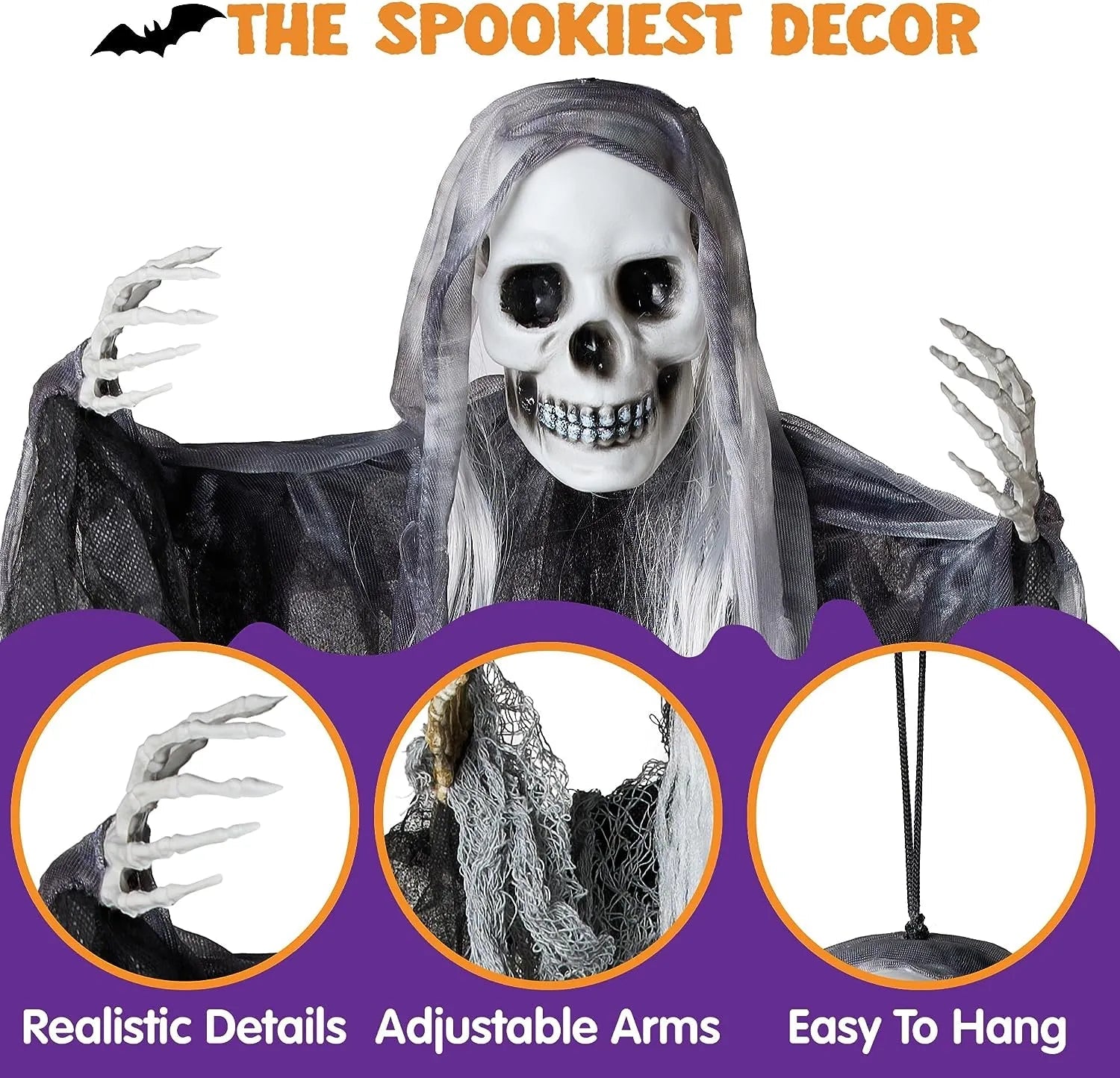 3-Pack Halloween Hanging Grim Reapers: 55in & Two 35in Skeleton Flying Ghosts