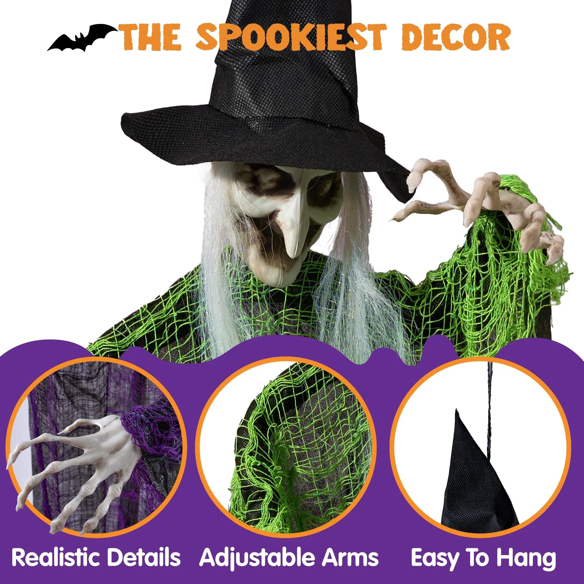 3 Halloween Hanging Witches: 47in & Two 35.4in for Indoor/Outdoor Decor