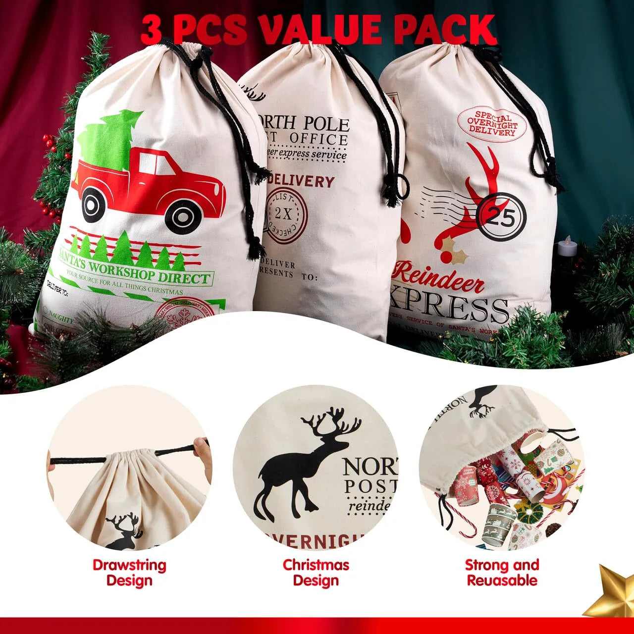 3-Pack Santa Burlap Christmas Gift Bags with Drawstring, 26 x 19 Inches