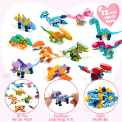 12 Packs Valentine's Dinosaur Building Blocks Toys with Heart Boxes for Party Favors