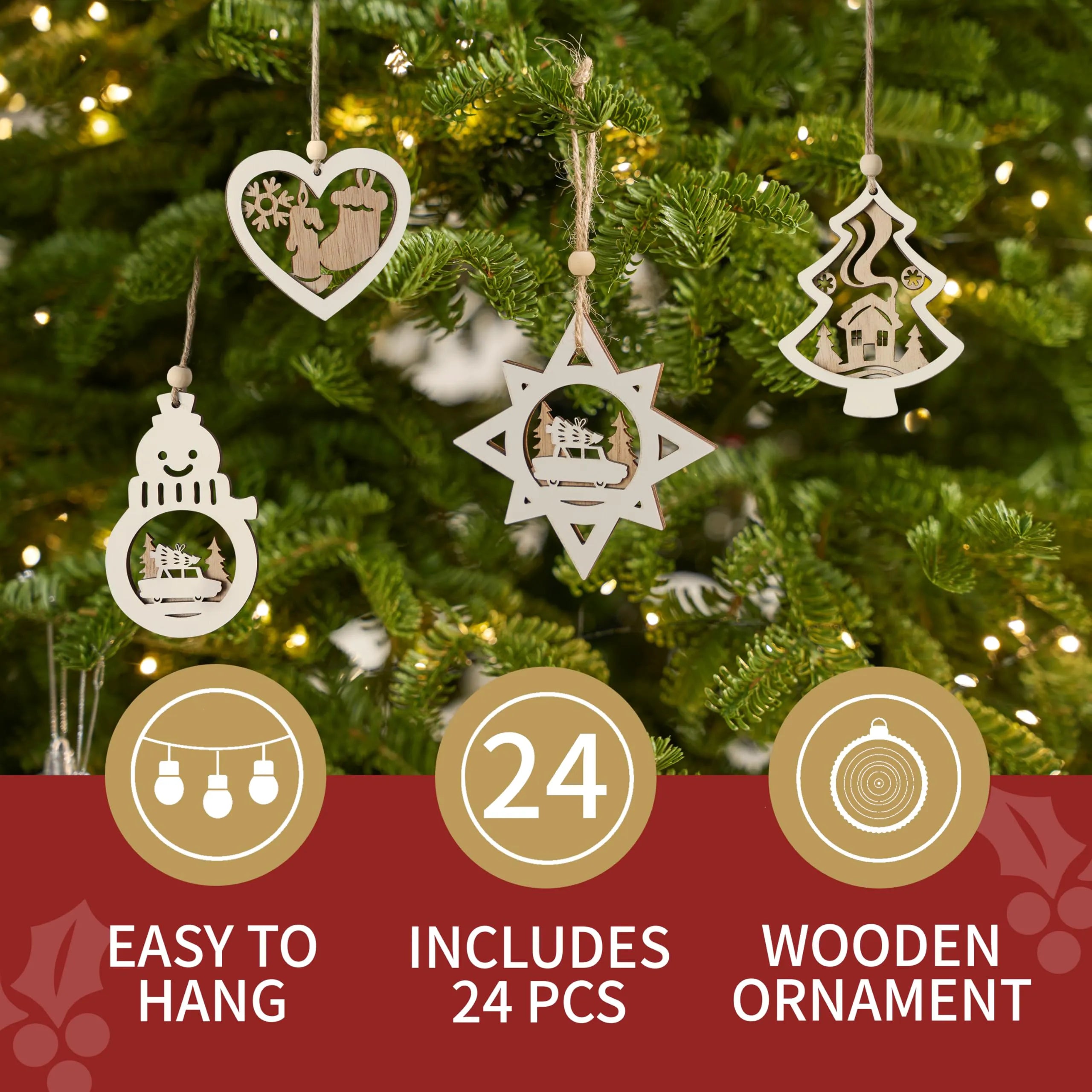 24 Pcs Christmas Wooden Carved Hanging Ornaments for Holiday Decor