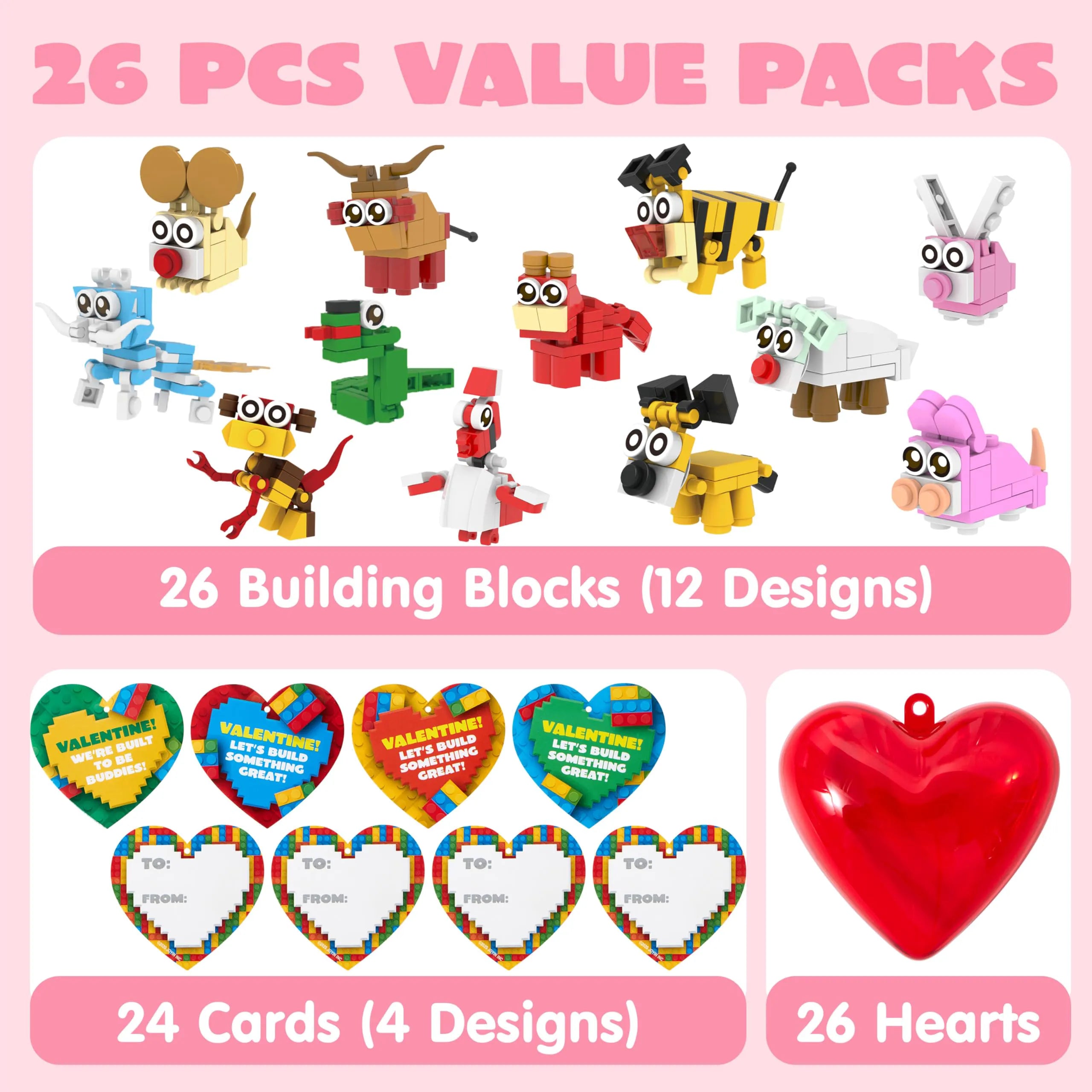26 Building Blocks Animals with Prefilled Hearts and Kids Valentine's Cards
