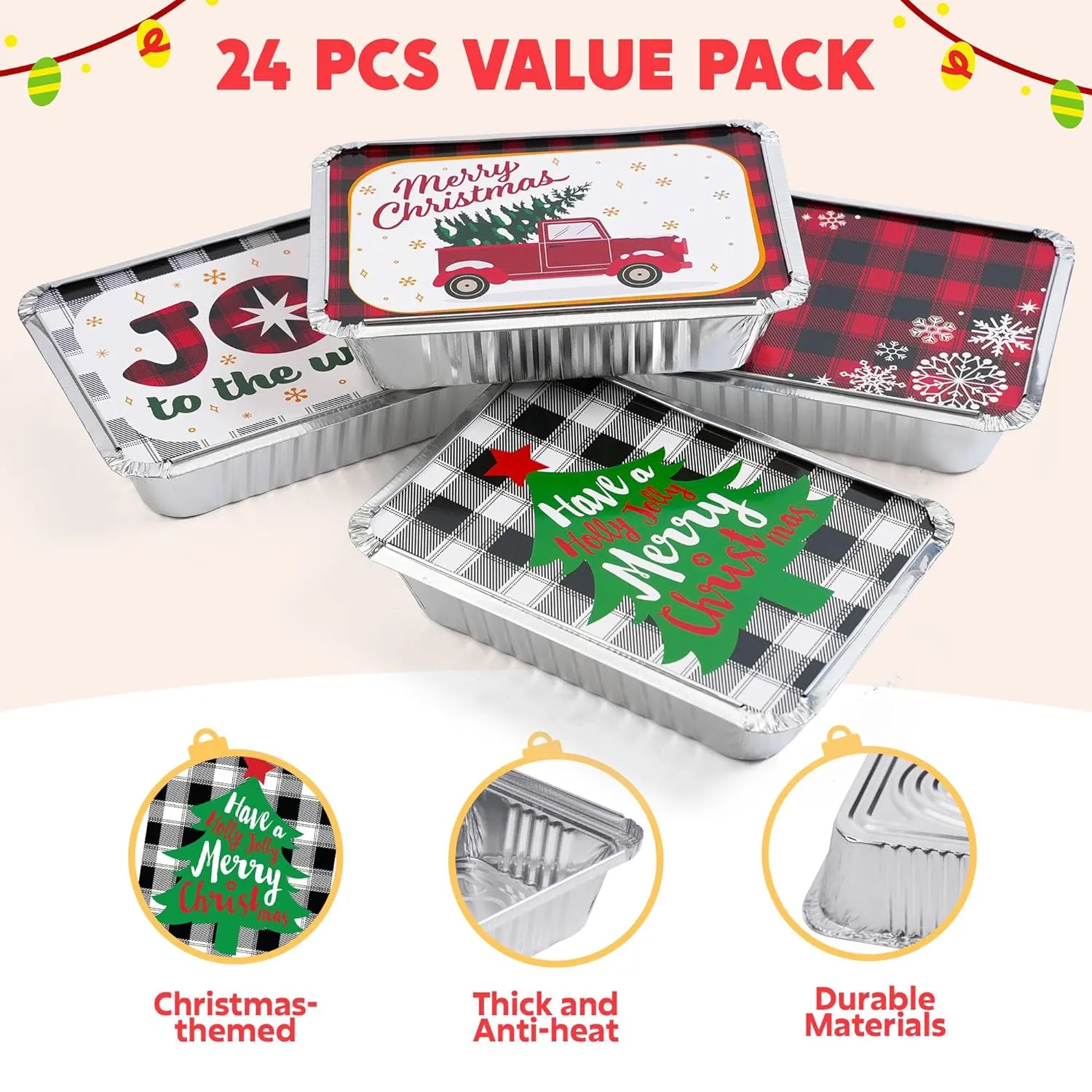 24-Piece Rectangular Holiday/Christmas Foil Containers with Lids