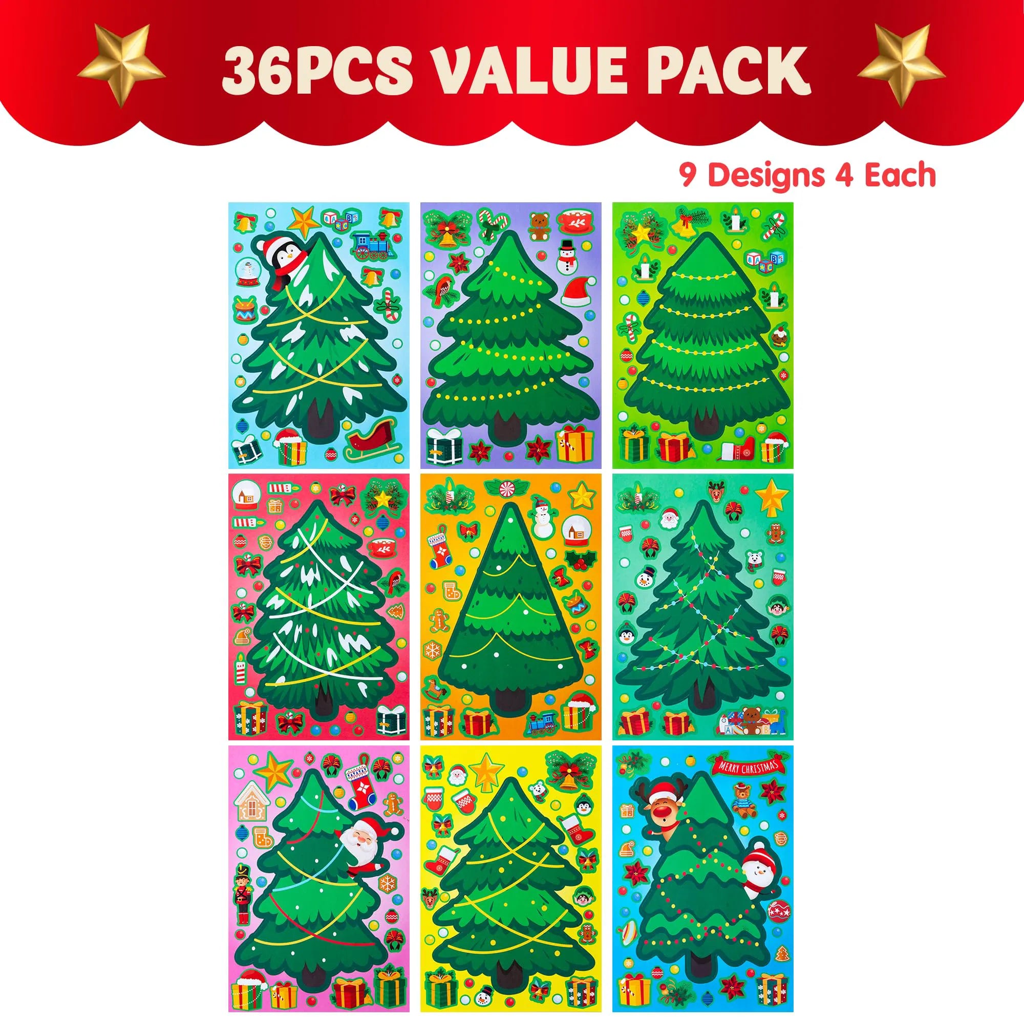 36 Pcs Christmas Tree Stickers - Make Your Own Xmas Stocking Stuffers