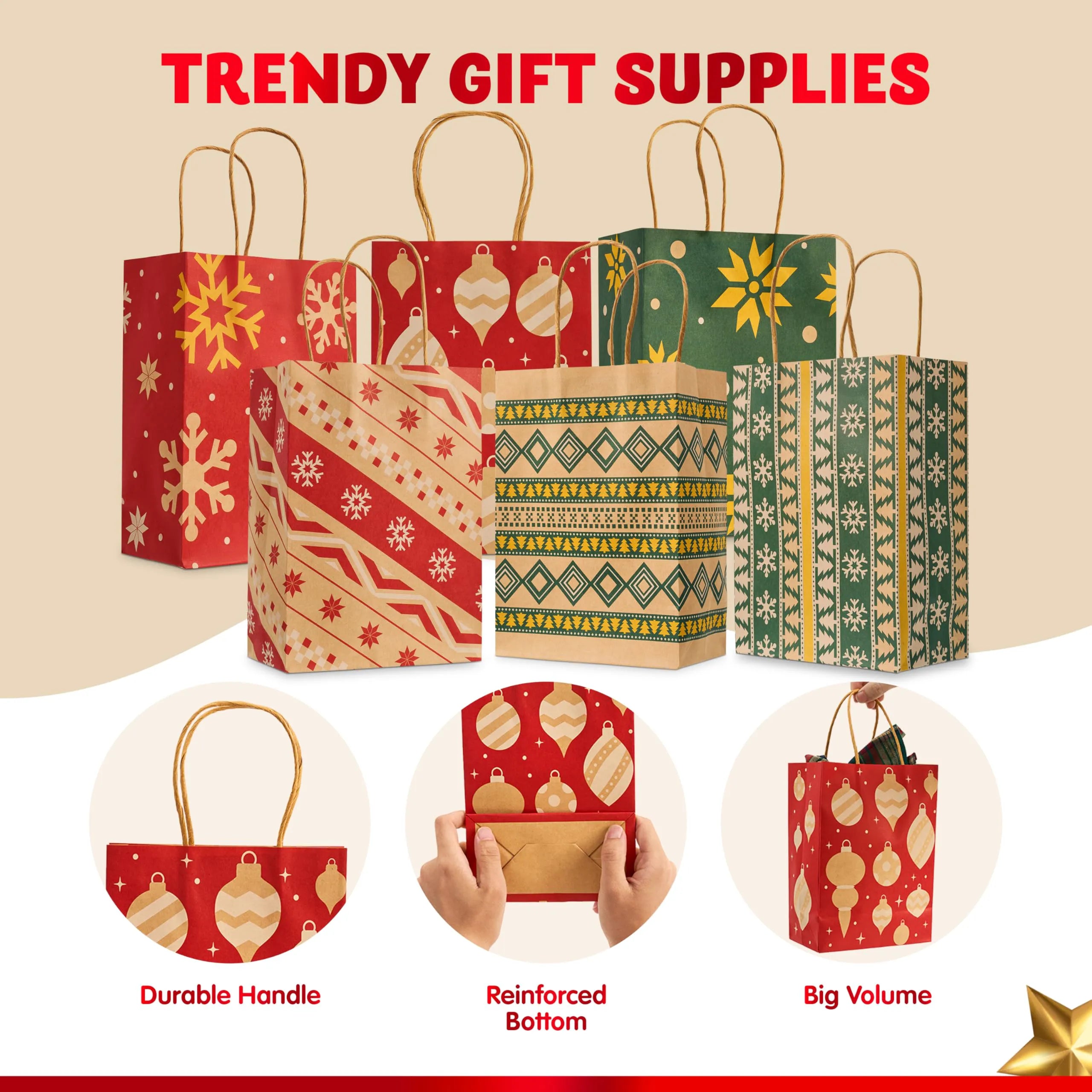 24 Pack Christmas Kraft Paper Gift Bags - Holiday Goody Bags