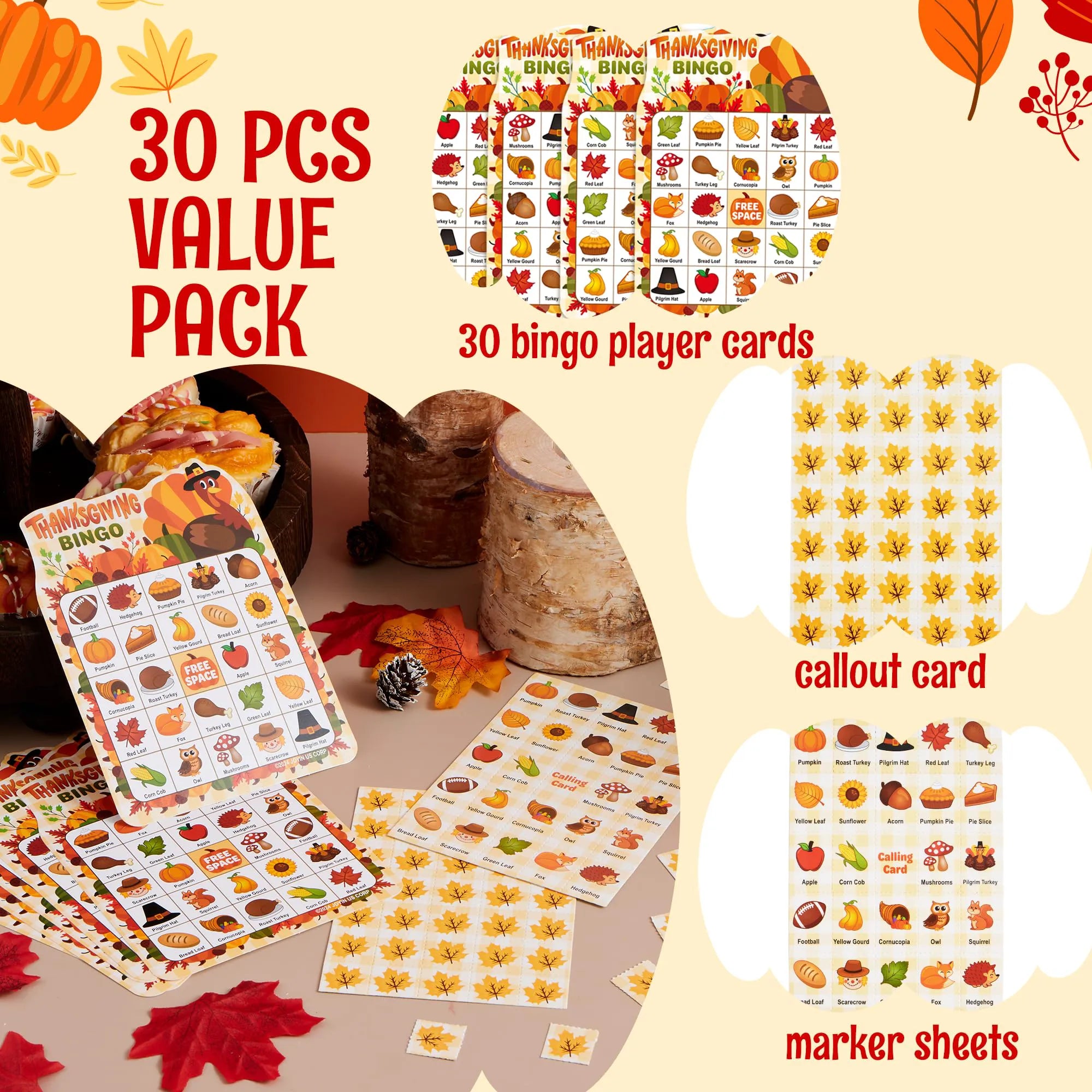 30 PCS Thanksgiving Bingo Game Cards for Kids Family Activities