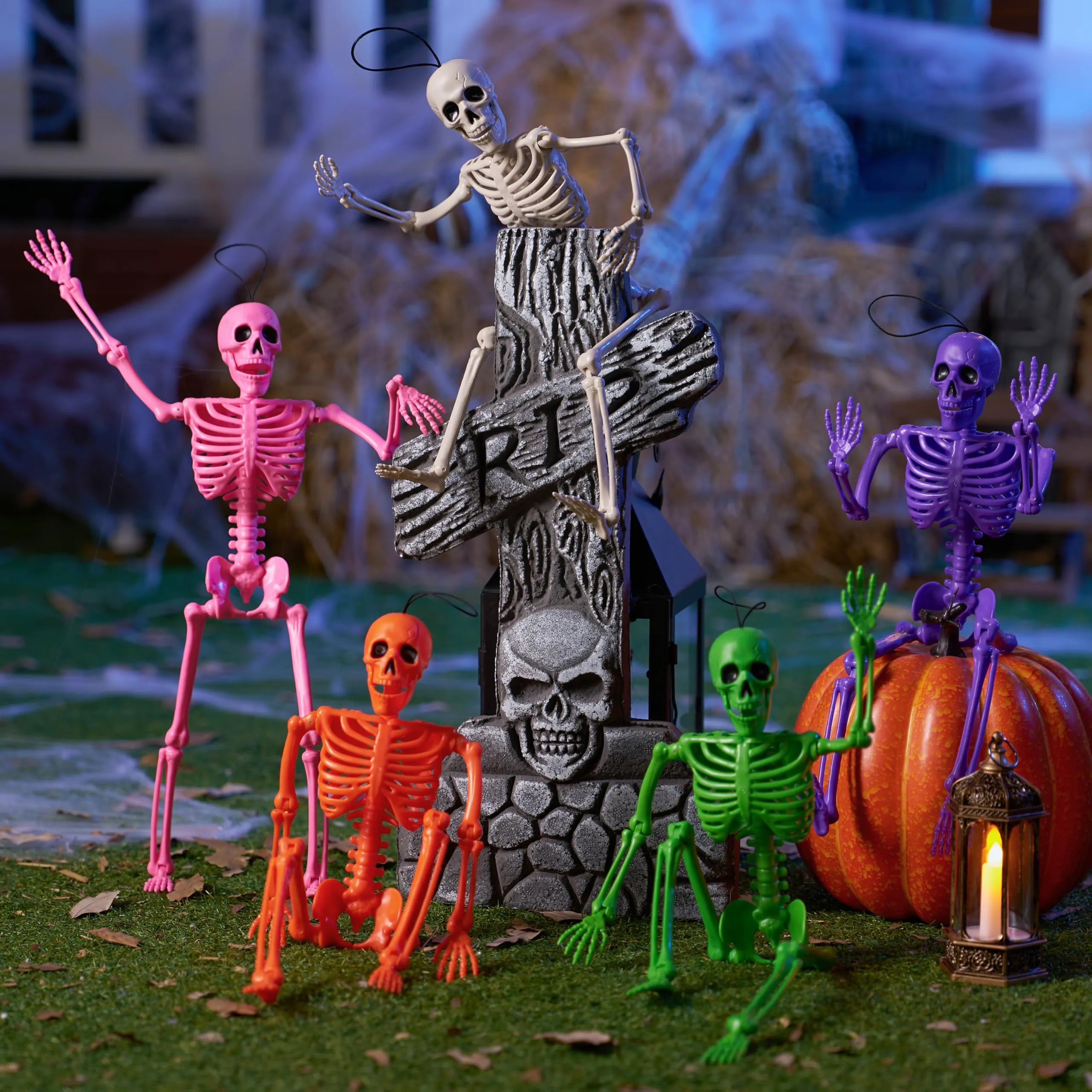 5 Pack Posable Halloween Skeleton Decorations, 16 Inches Each