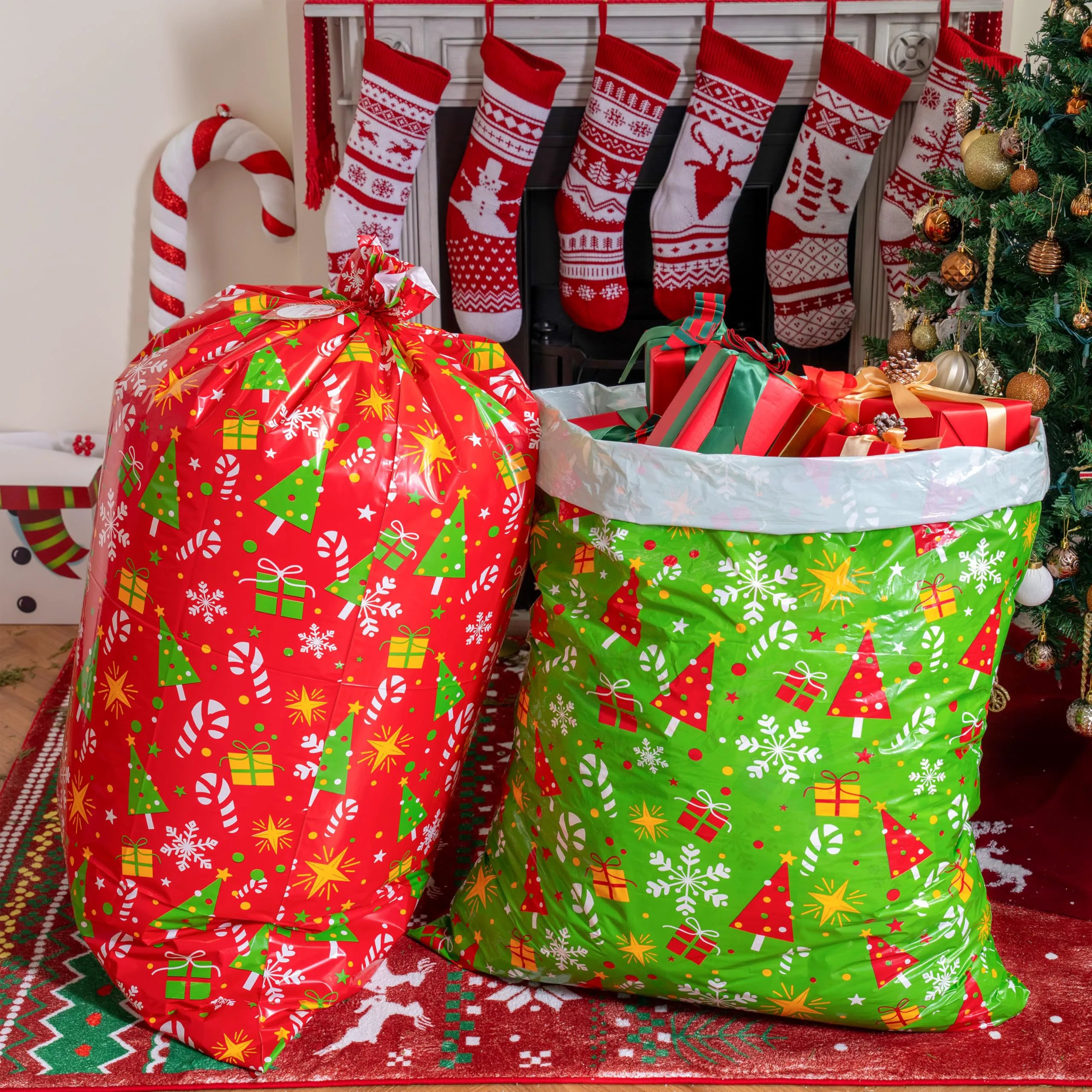 2-Pack Large Red & Green Christmas Holiday Plastic Gift Bags