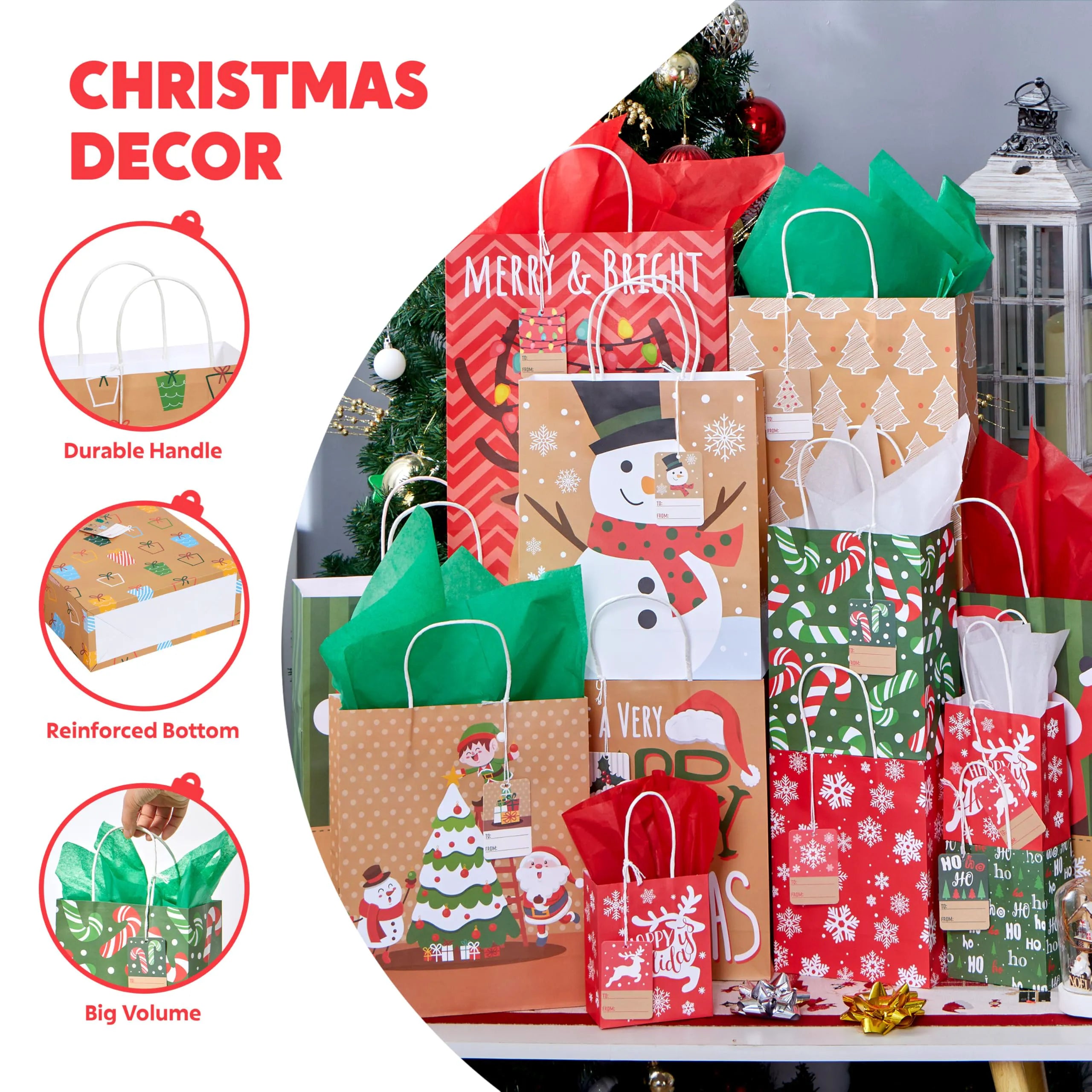 24 Pack Christmas White Kraft Gift Bags