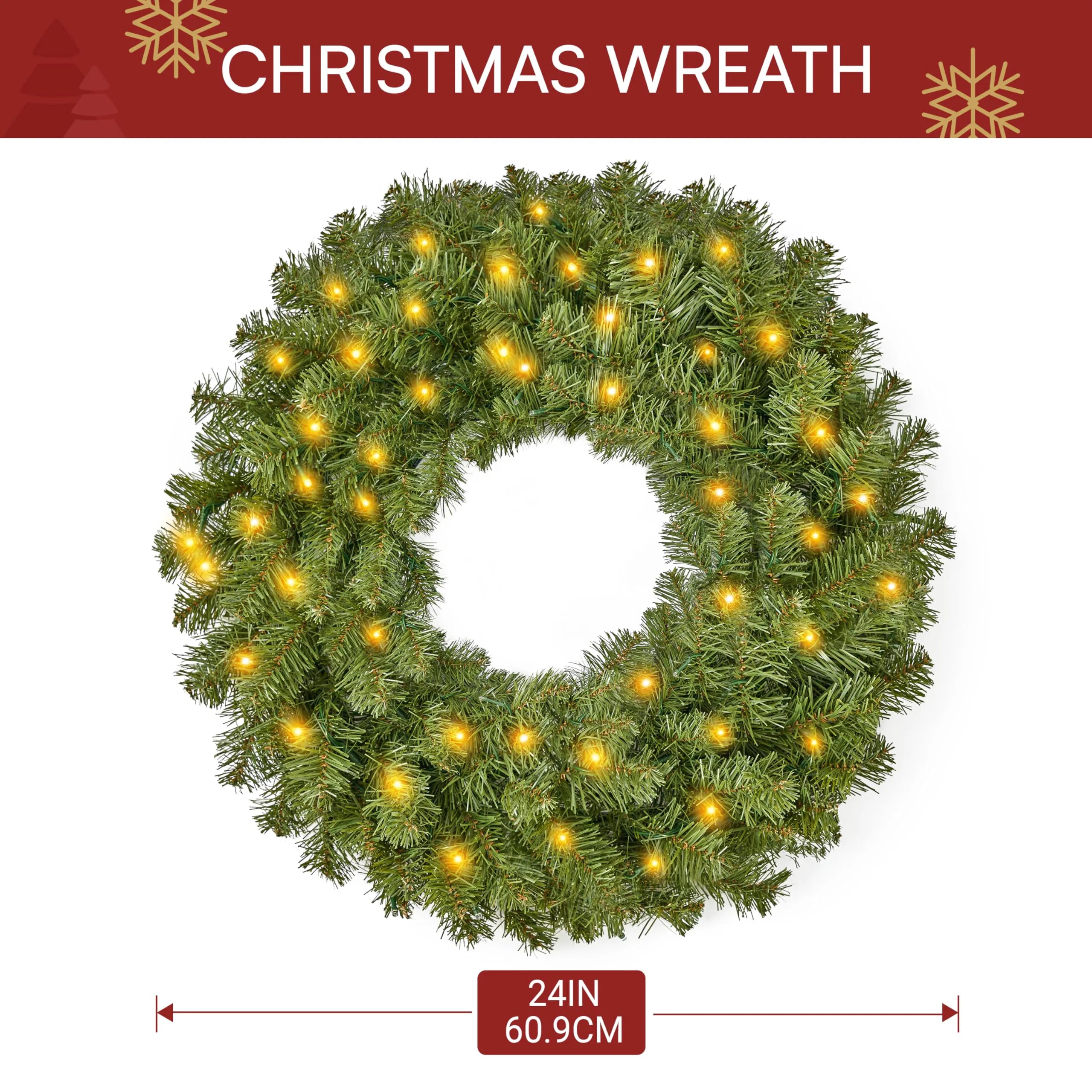 24-Inch Pre-Lit Christmas Wreath with Warm Lights