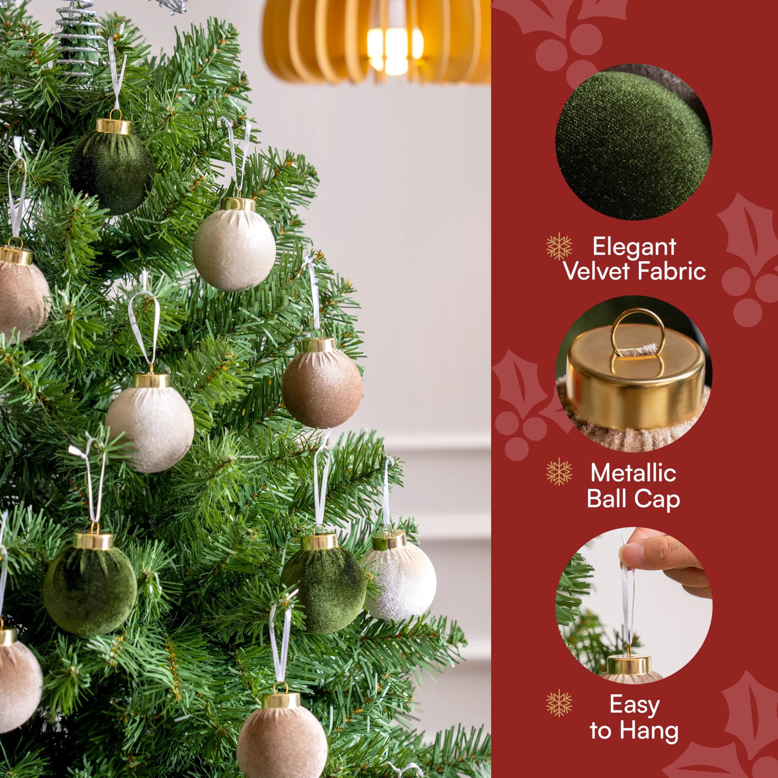 15 Pcs Christmas Velvet Ball Ornaments Set, 2.36" Green Brown Neutral