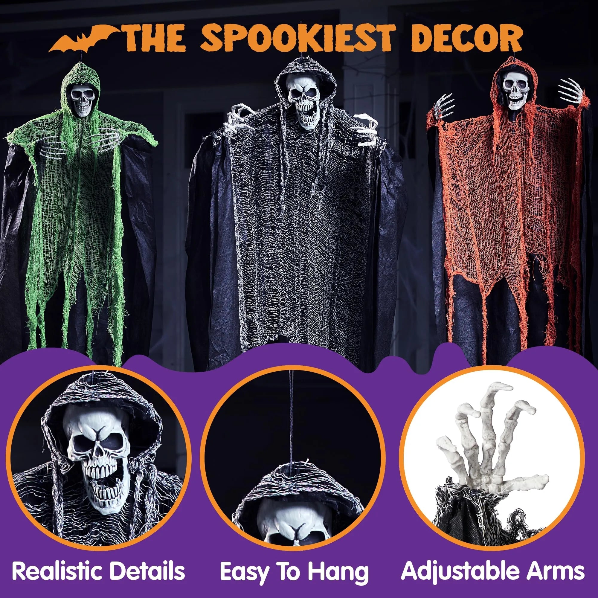 3 Pcs Halloween Hanging Grim Reapers - One 67in & Two 47in