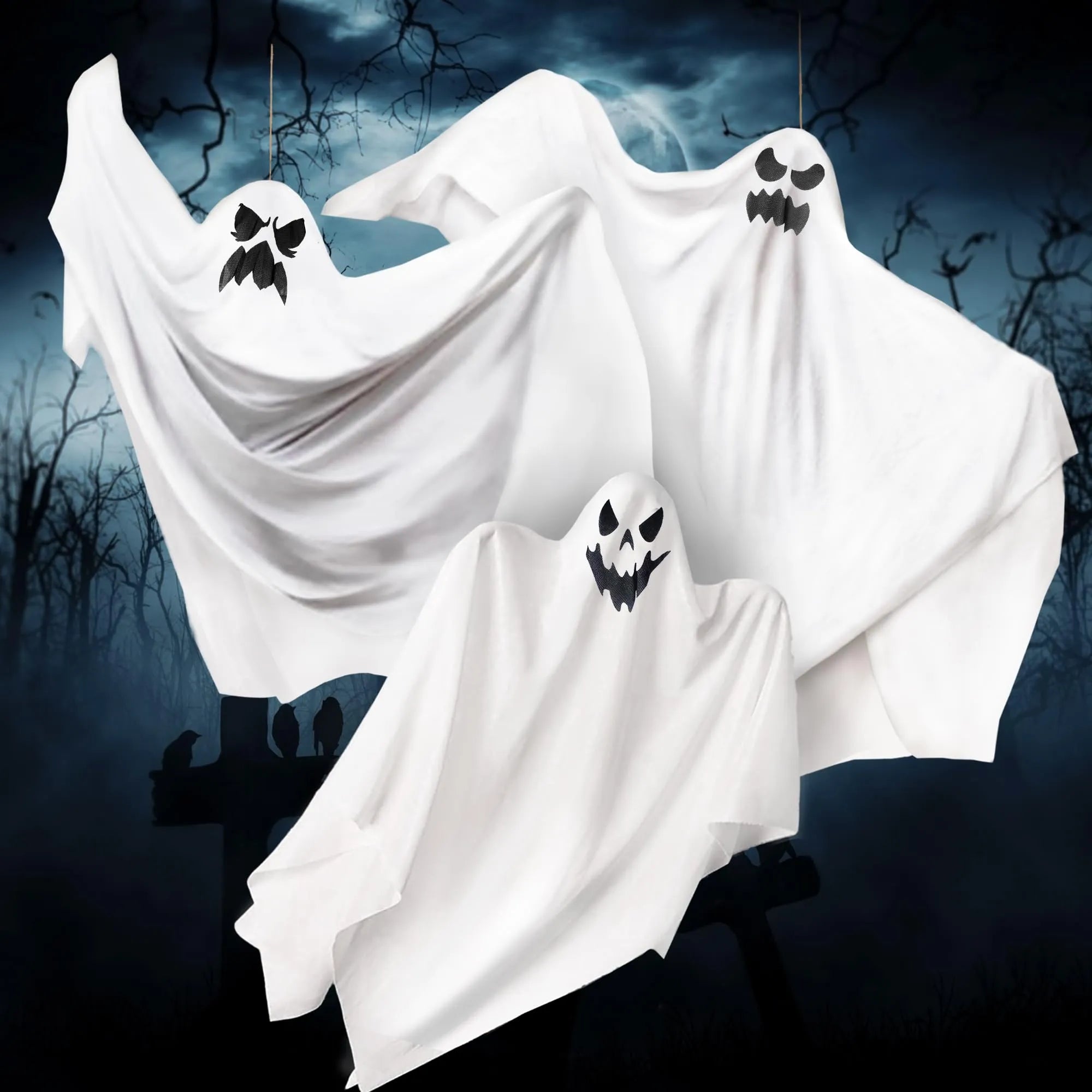 3 Halloween Light-Up White Hanging Ghosts, 1 Large 47in & 2 Medium 35.4in
