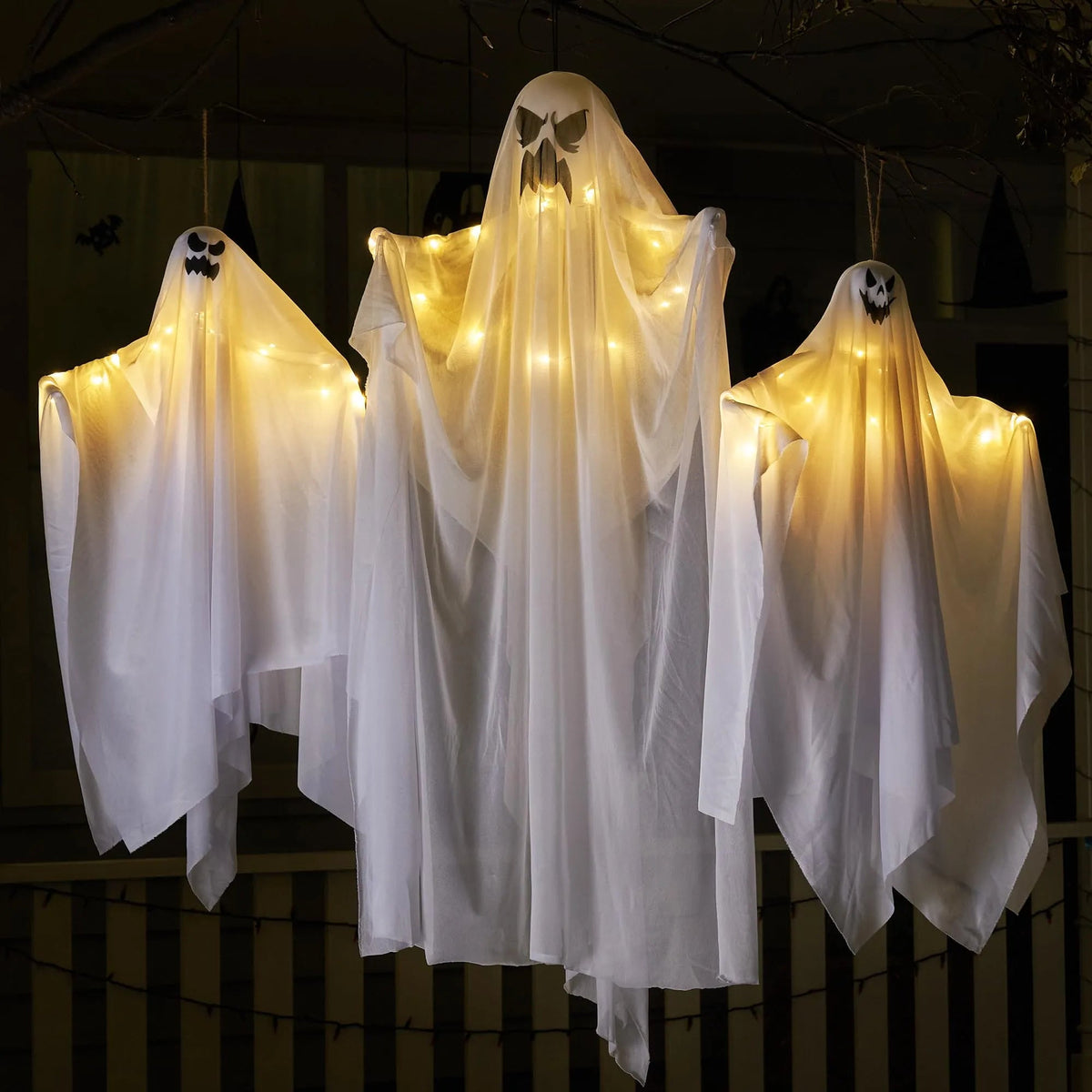 3 Halloween Light-Up White Hanging Ghosts, 1 Large 47in & 2 Medium 35.4in