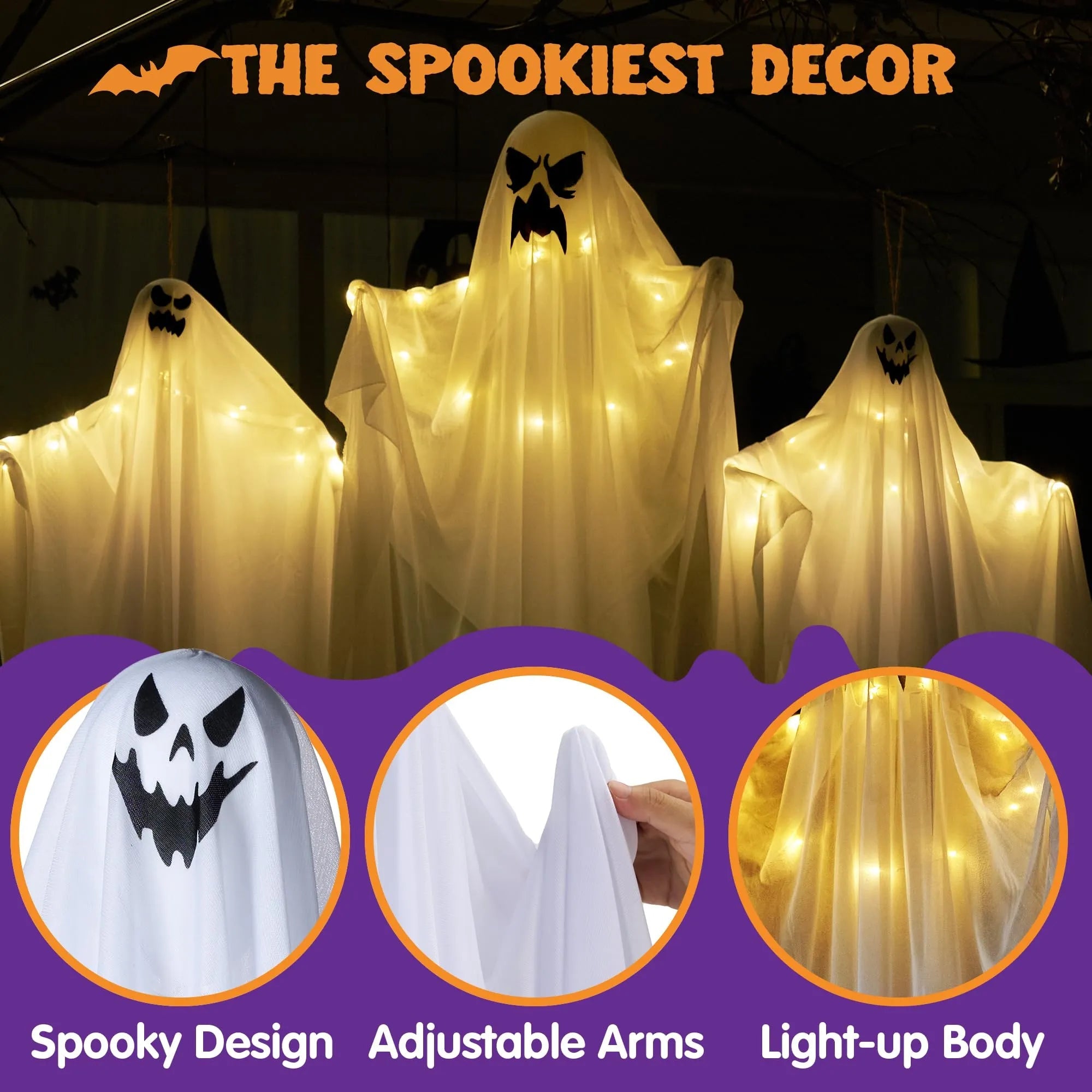 3 Halloween Light-Up White Hanging Ghosts, 1 Large 47in & 2 Medium 35.4in