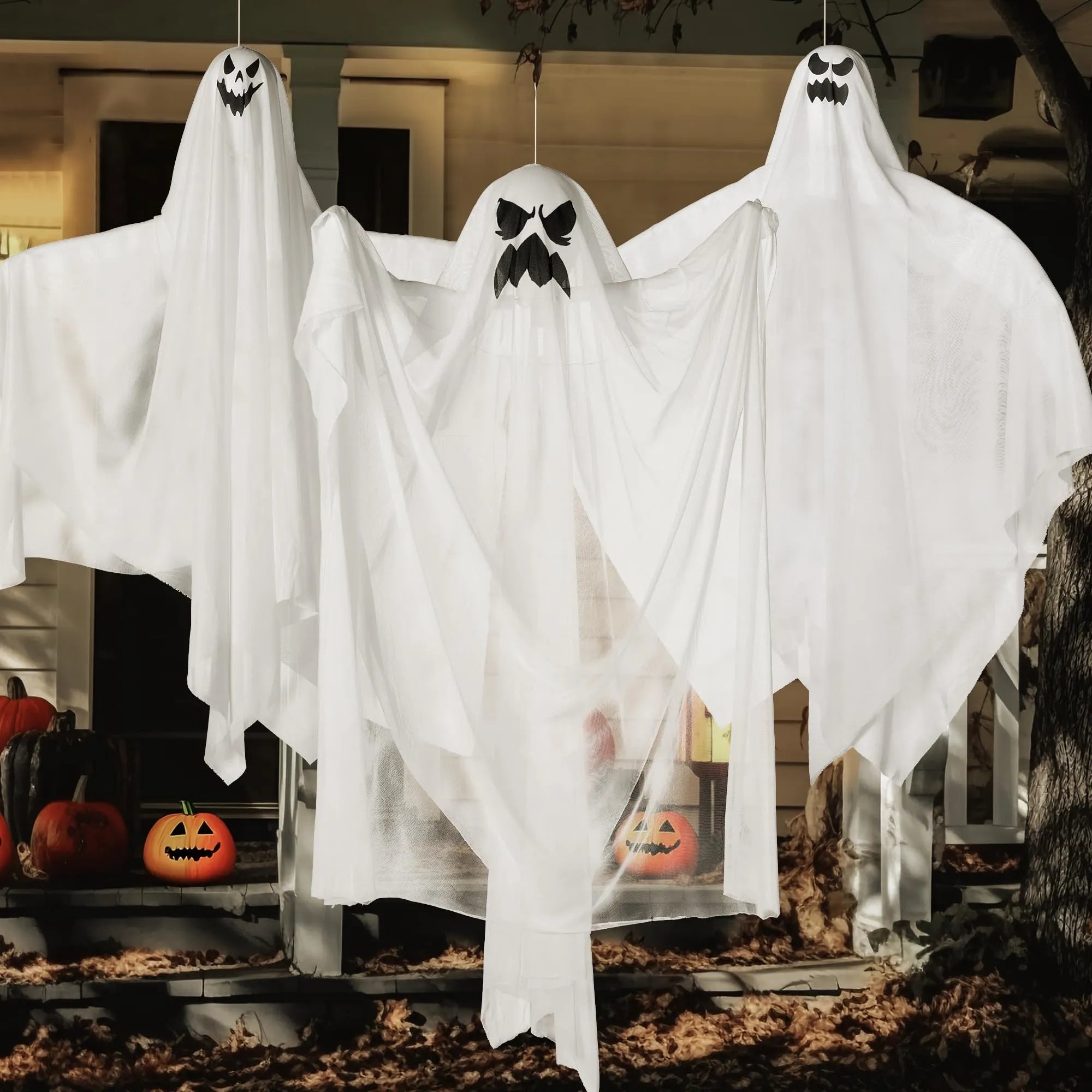 3 Halloween Light-Up White Hanging Ghosts, 1 Large 47in & 2 Medium 35.4in