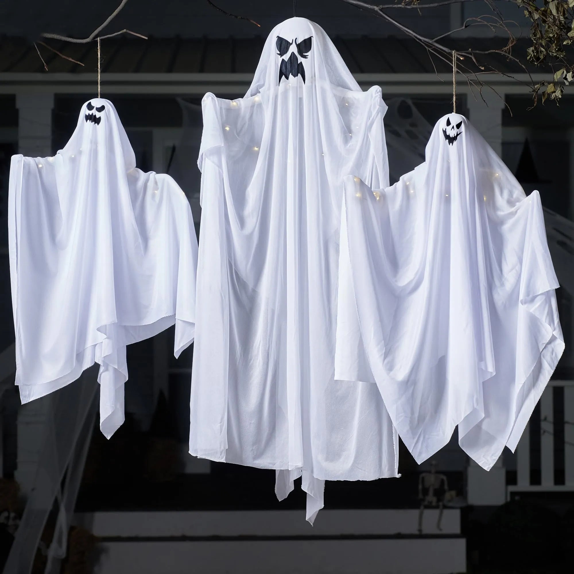 3 Halloween Light-Up White Hanging Ghosts, 1 Large 47in & 2 Medium 35.4in