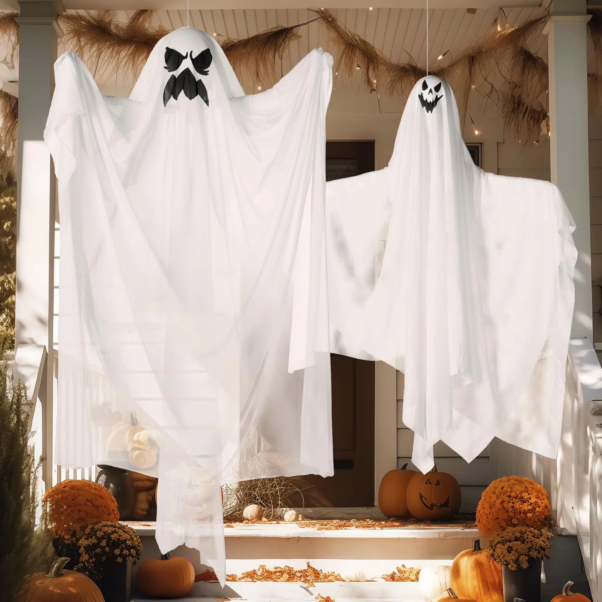 3 Halloween Light-Up White Hanging Ghosts, 1 Large 47in & 2 Medium 35.4in