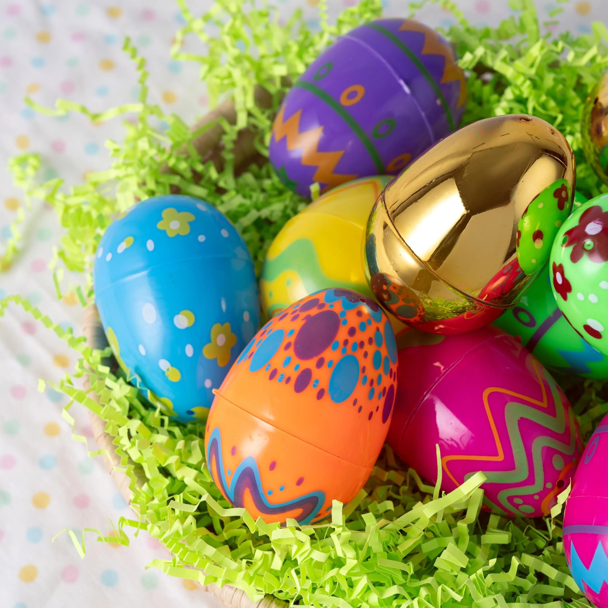 44-Piece 3.15-Inch Printed Easter Eggs Set with 8 Golden Eggs for Egg Hunt
