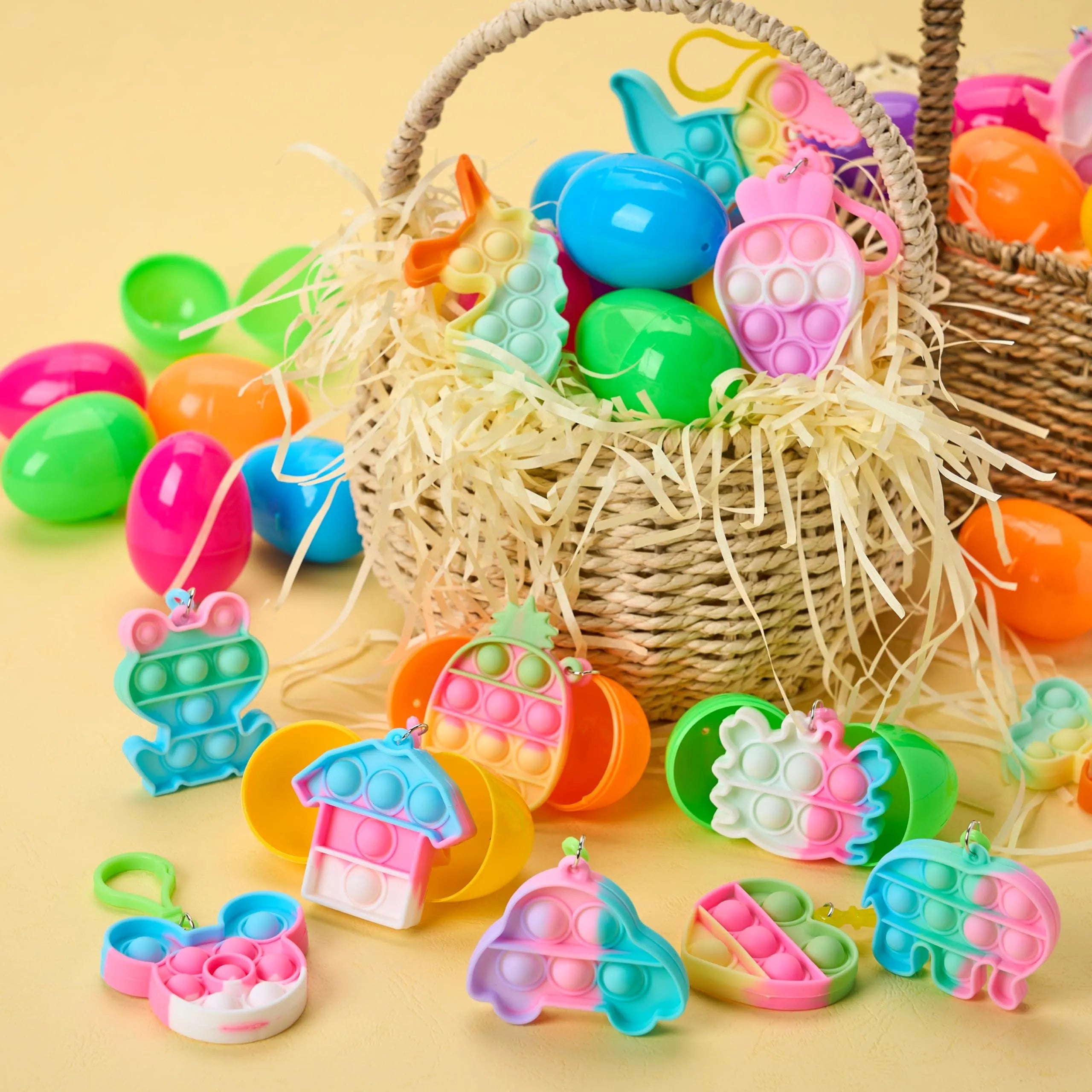 46 Pre-Filled Colorful Easter Eggs with Pop Keychains and 23 Pop Fillers for Egg Hunt