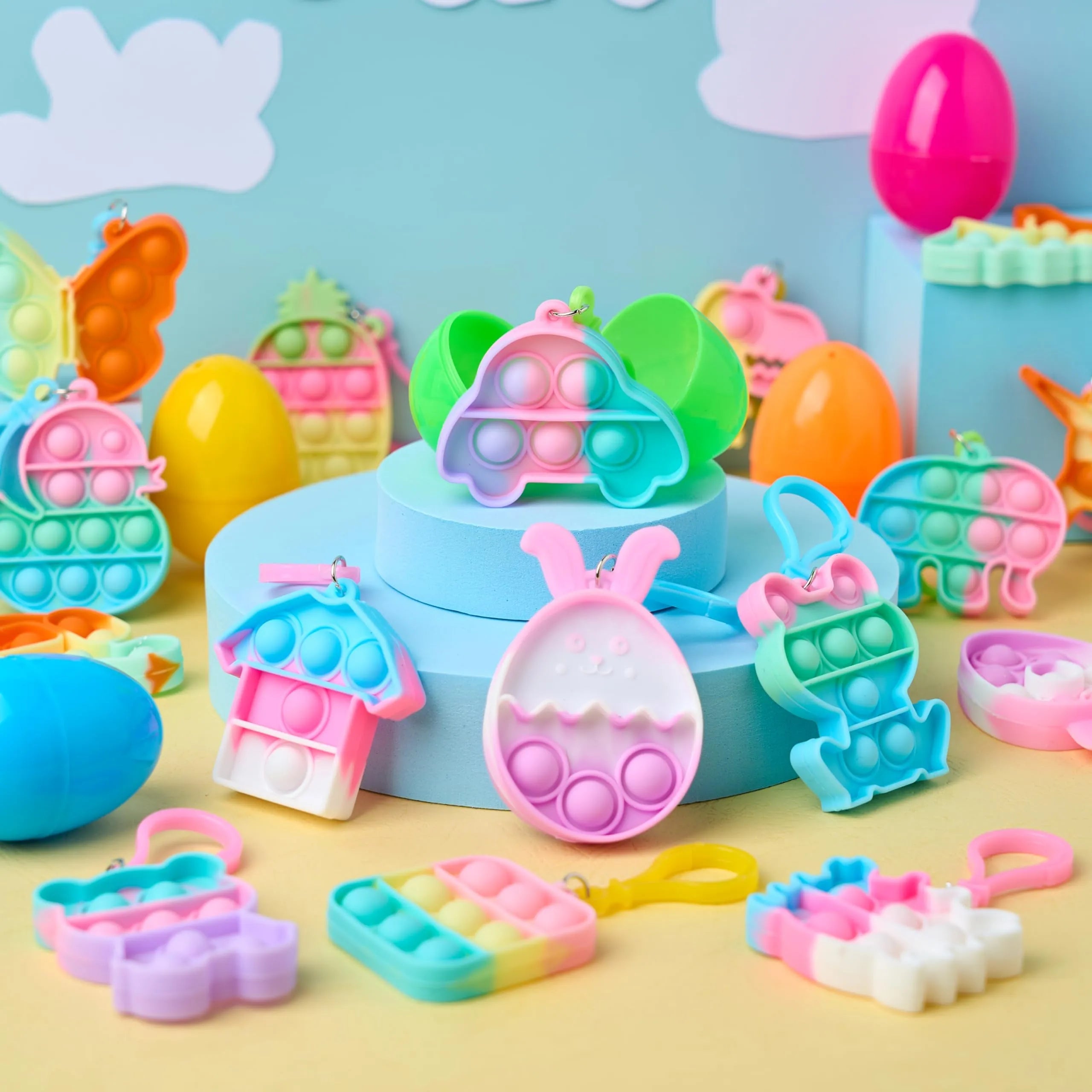 46 Pre-Filled Colorful Easter Eggs with Pop Keychains and 23 Pop Fillers for Egg Hunt