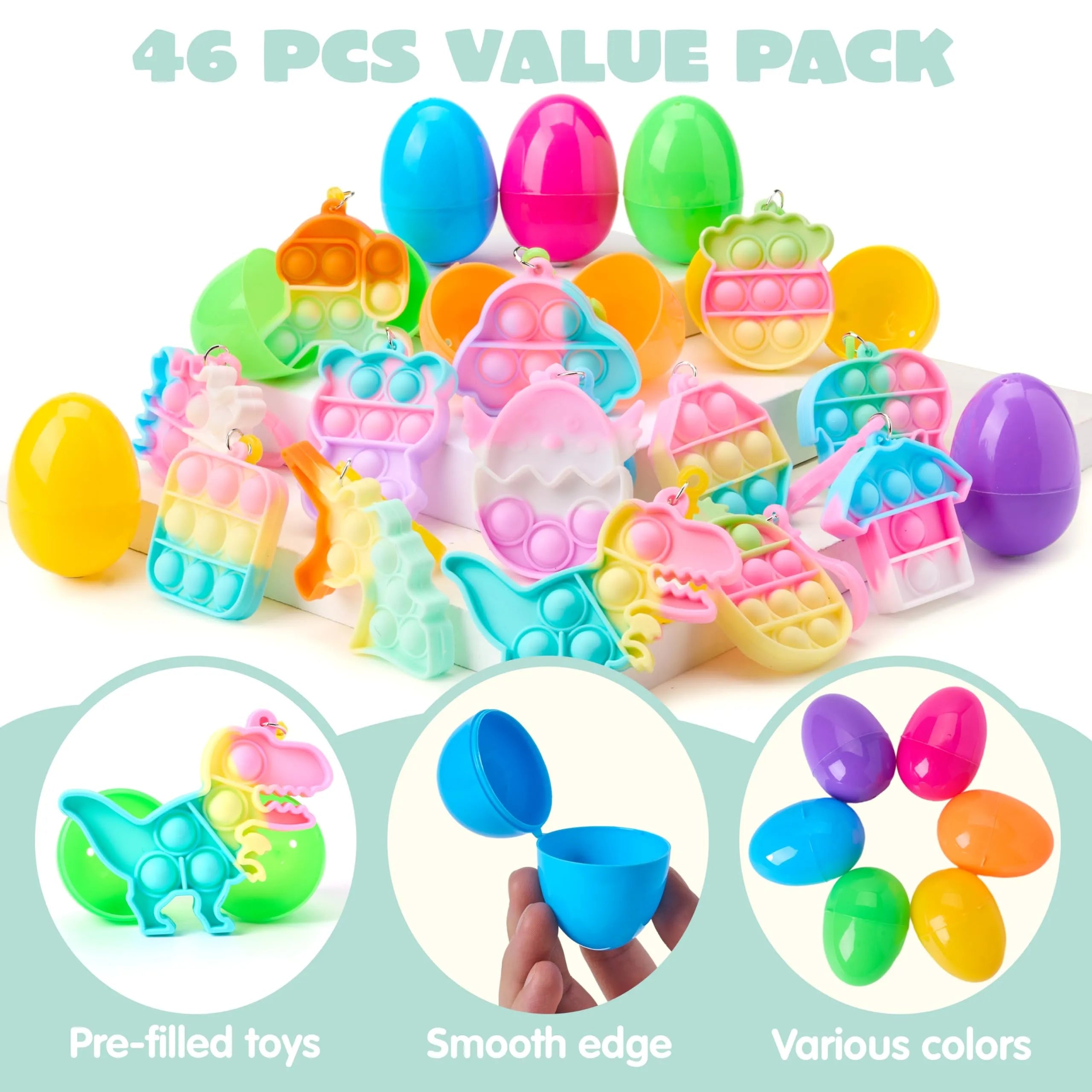 46 Pre-Filled Colorful Easter Eggs with Pop Keychains and 23 Pop Fillers for Egg Hunt
