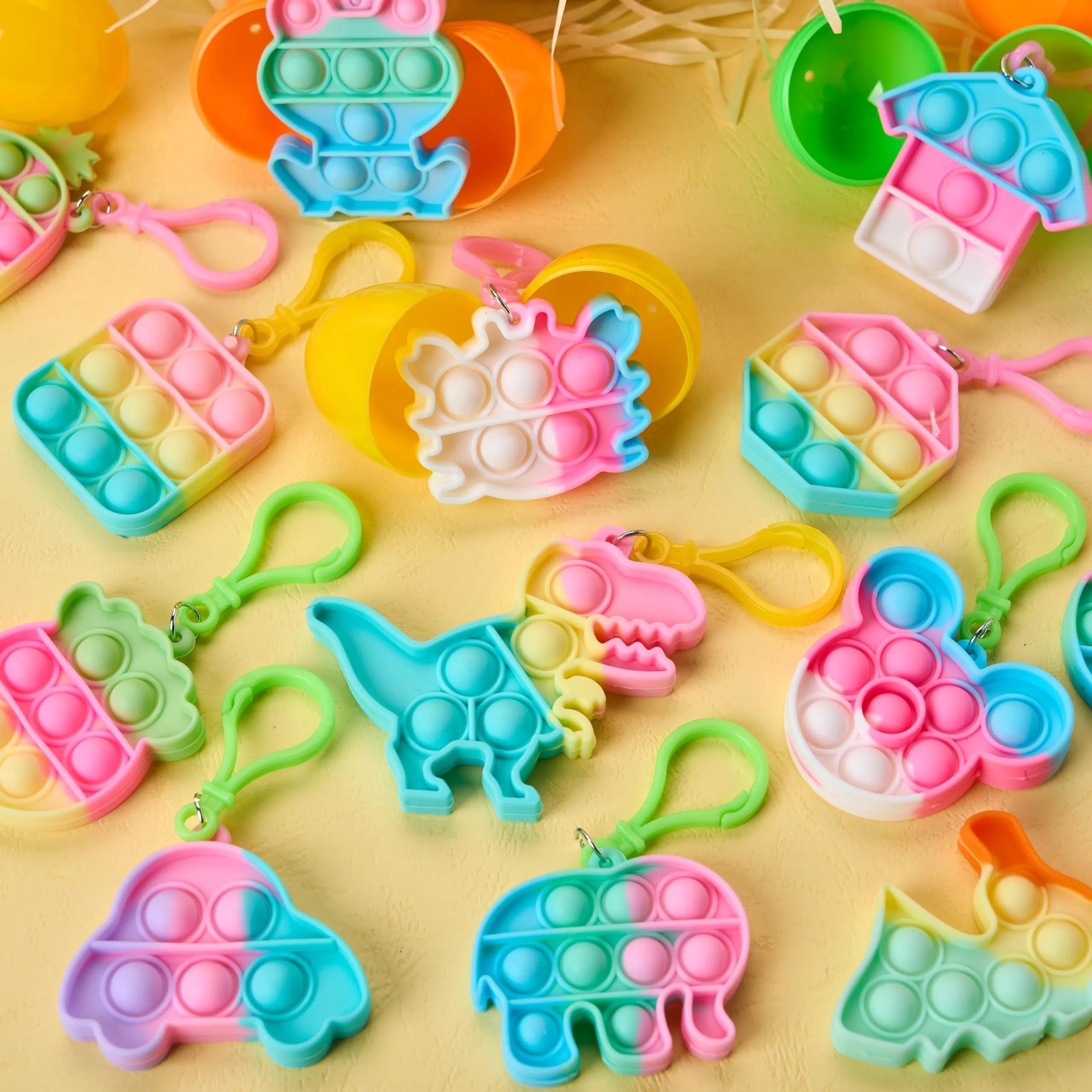 46 Pre-Filled Colorful Easter Eggs with Pop Keychains and 23 Pop Fillers for Egg Hunt