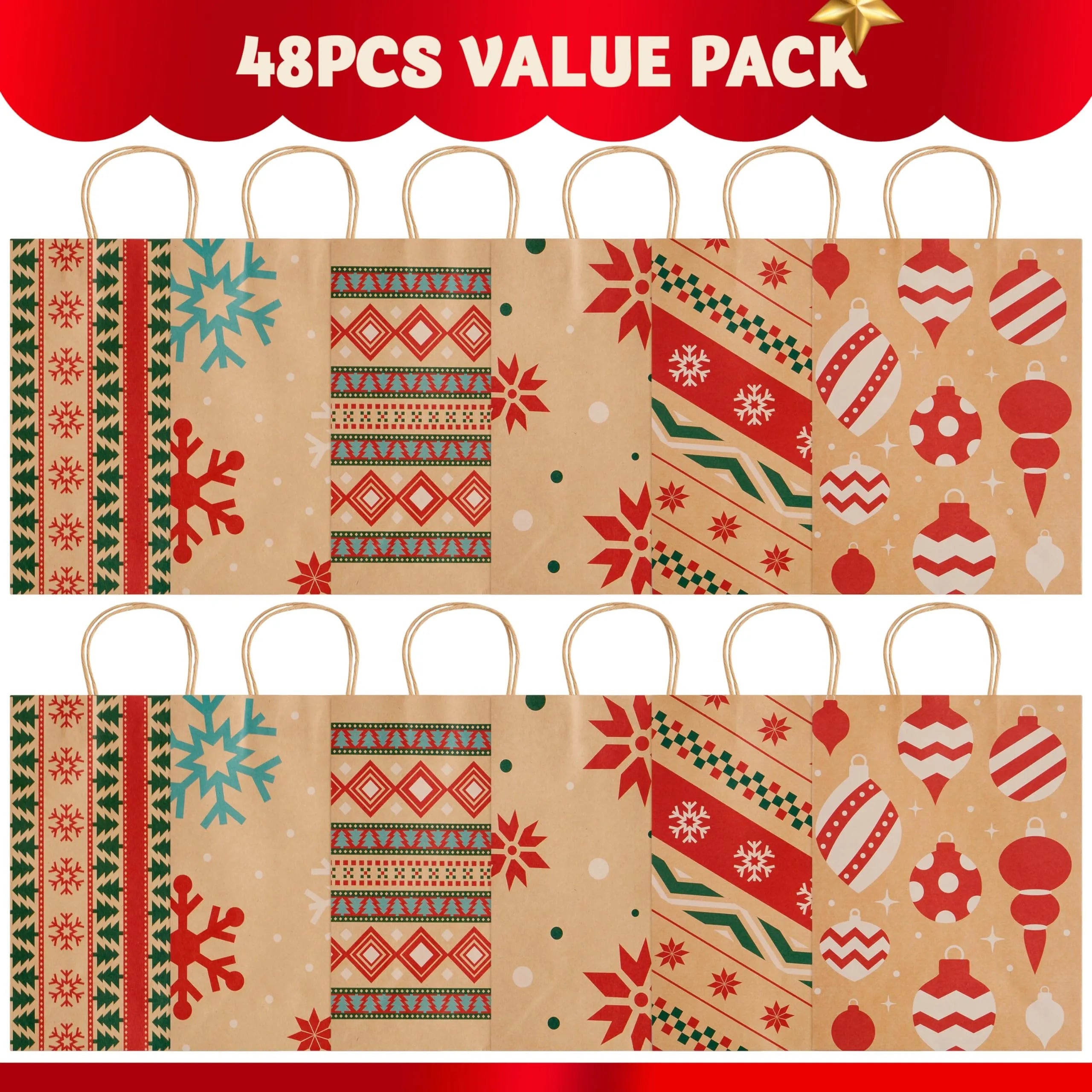 48 Kraft Christmas Gift Bags 7x9x3.5 Inches for Holiday Gifts and Party Supplies